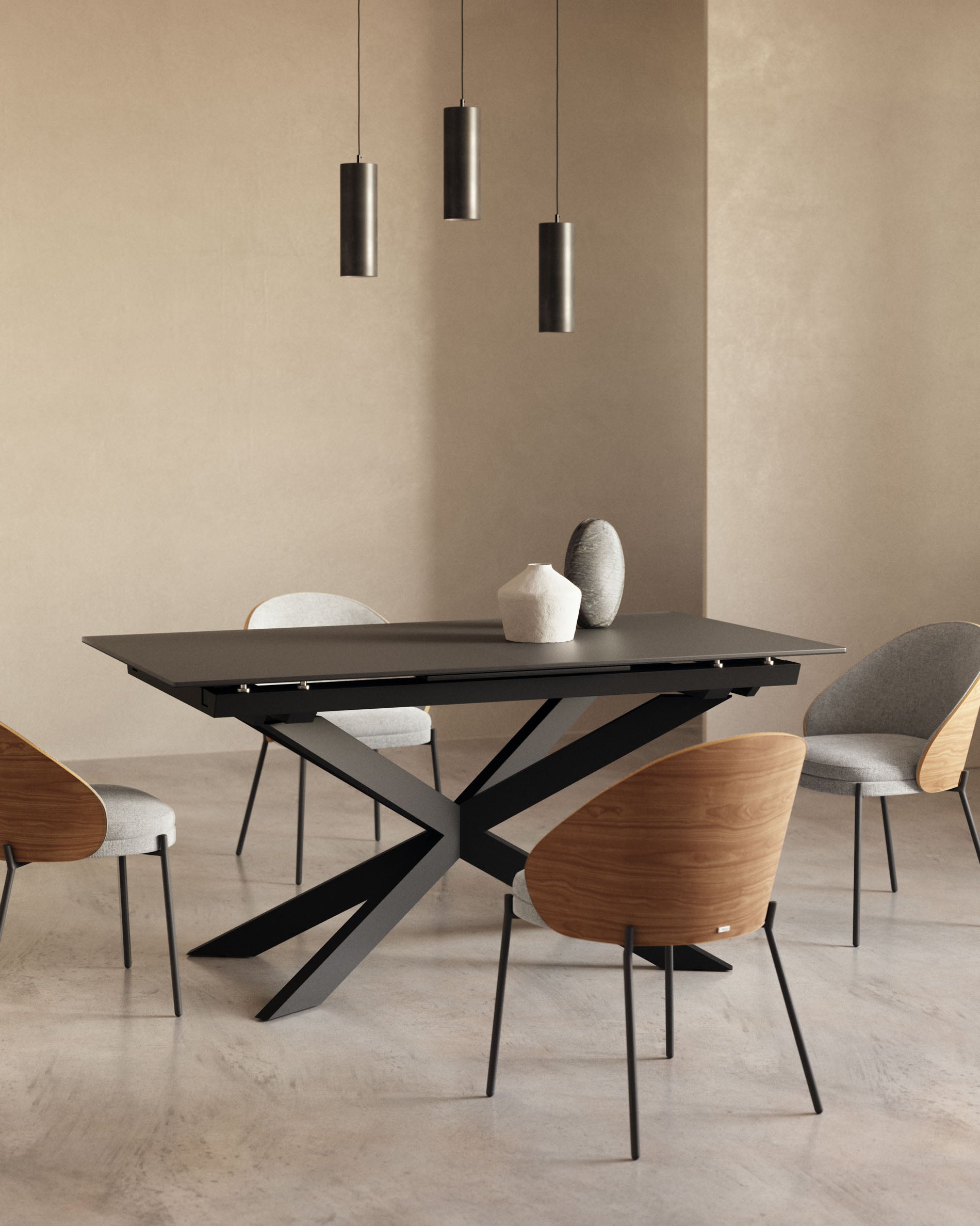 Eamy chair light grey chenille and ash wood veneer with a natural finish and black metal - Lifestyle