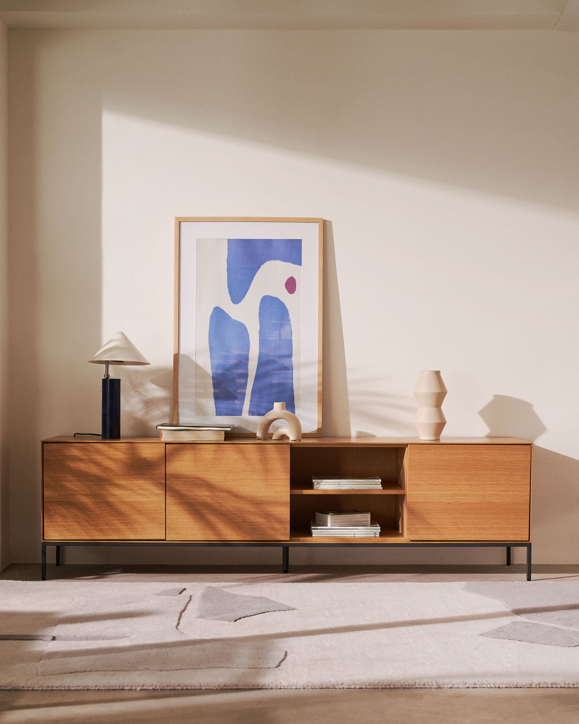 Vedrana 3-door TV stand in oak veneer with black steel legs, 195 x 55 cm - Lifestyle