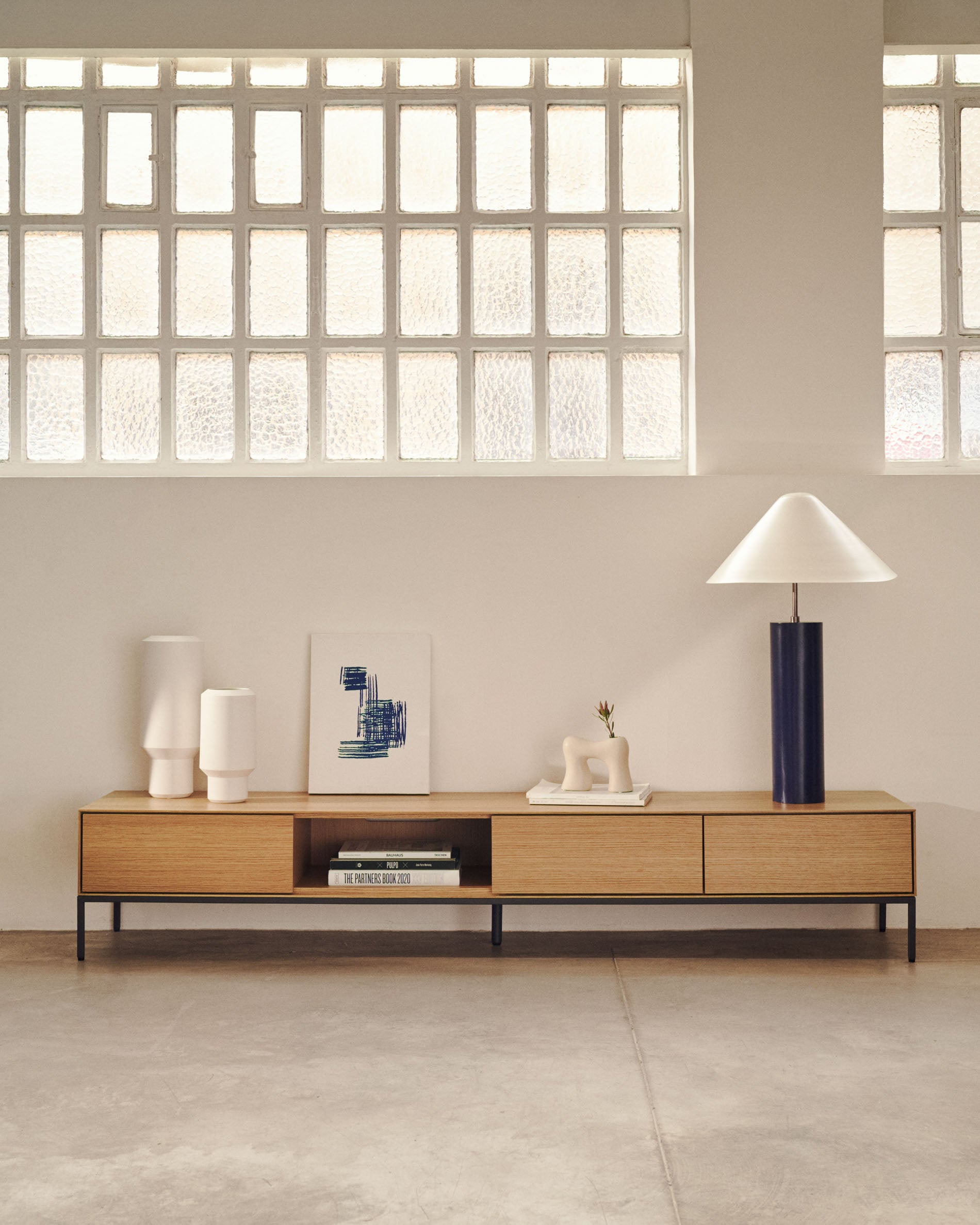 Vedrana 3 drawer TV stand in oak veneer with black steel legs, 195 x 35 cm - Lifestyle