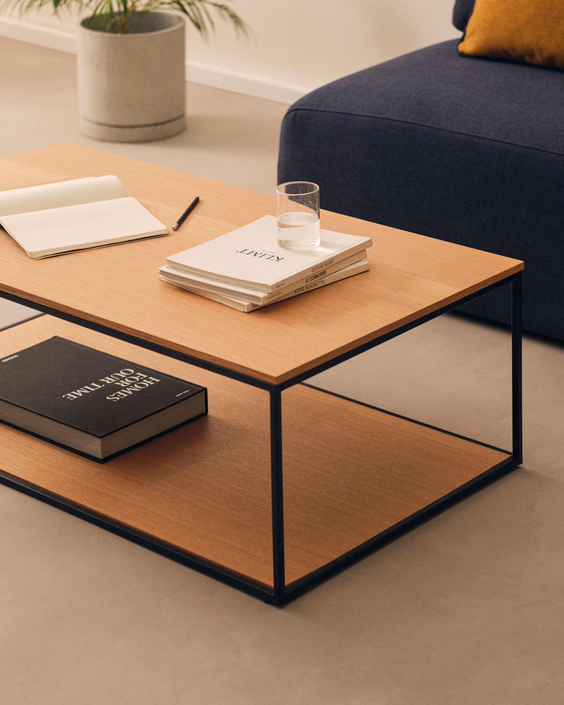 Yoana coffee table with oak veneer table top and base, white metal structure, 110 x 60 cm - Lifestyle