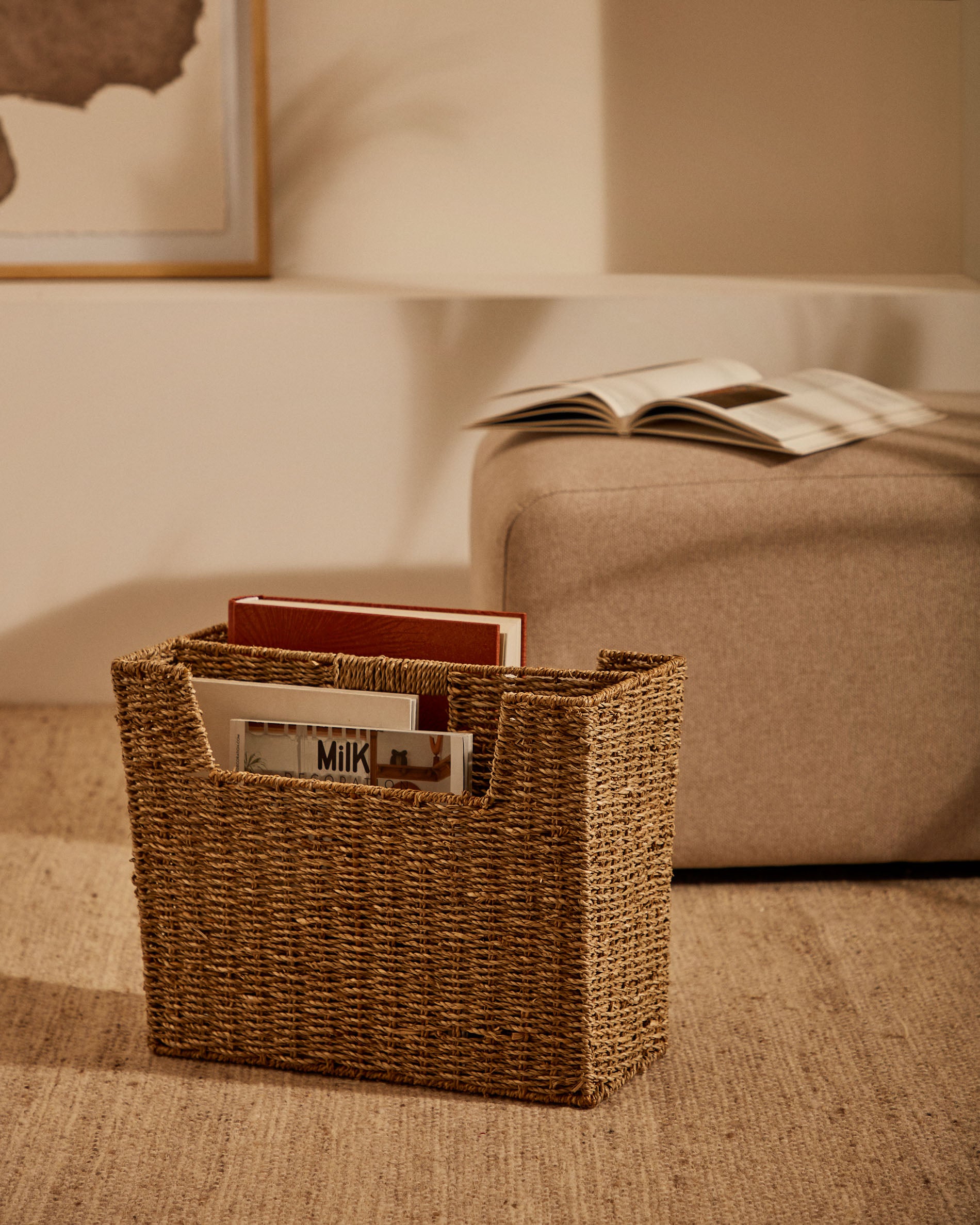 Guixols natural fiber magazine rack with a natural finish - Lifestyle