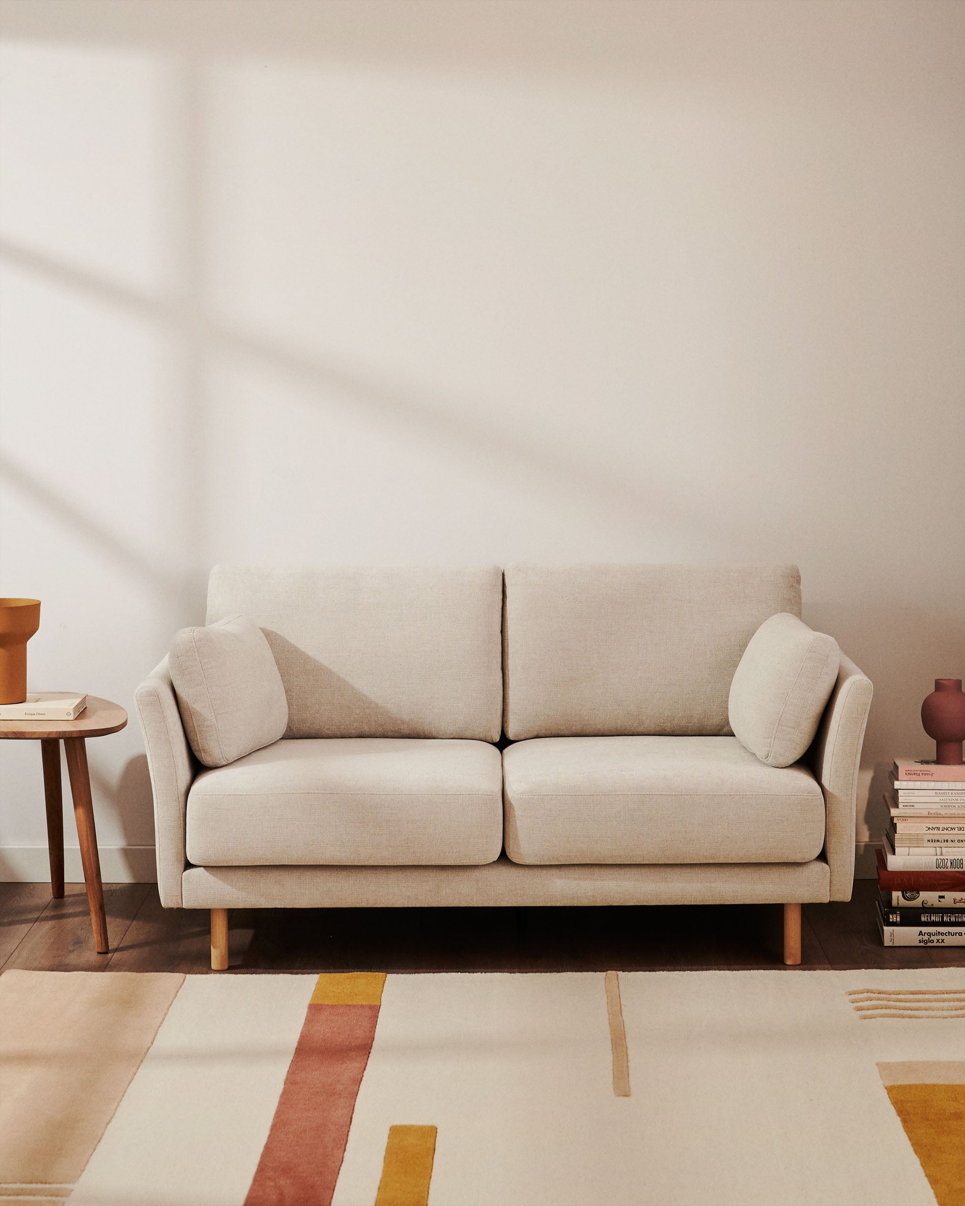 Gilma 2 seater sofa in chenille pearl with natural wood finish legs, 170 cm - Lifestyle