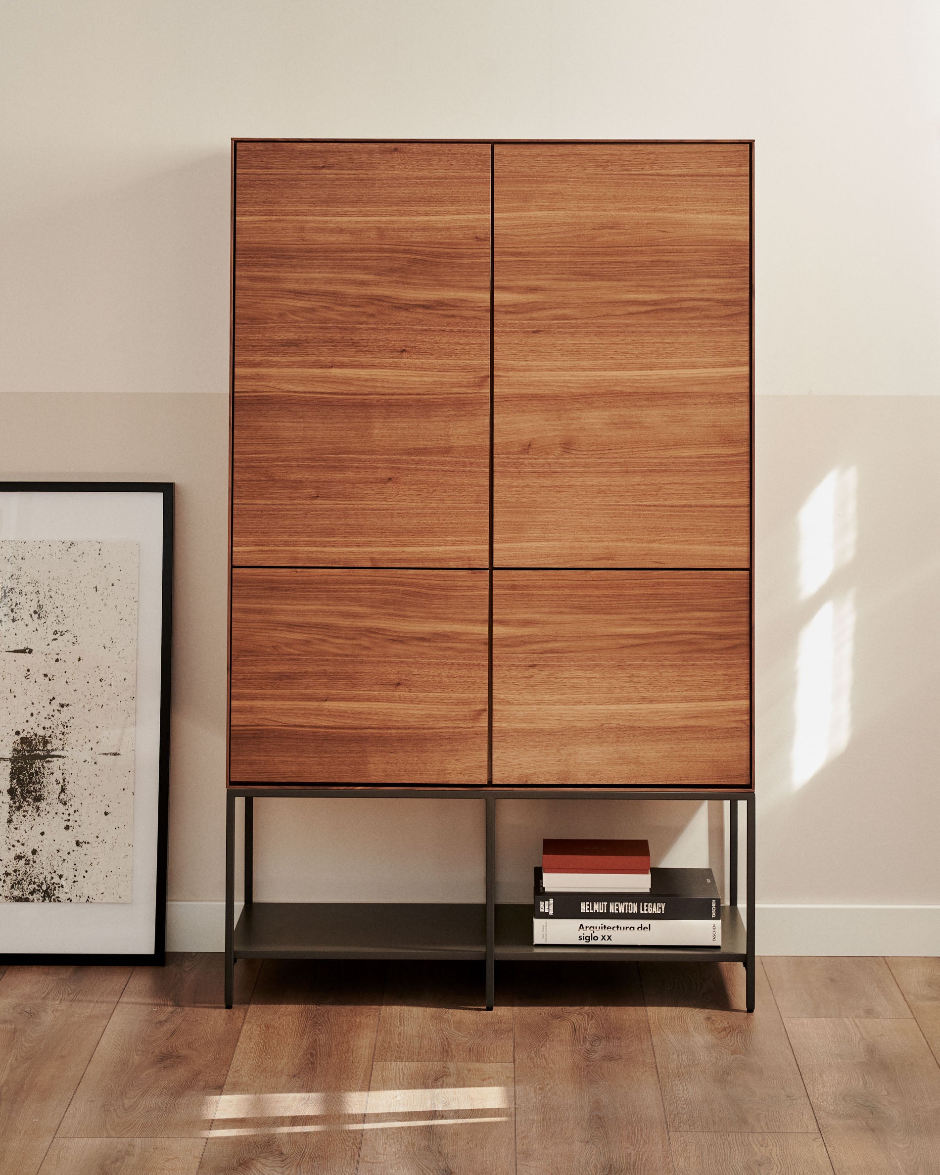 Vedrana 4 door tall sideboard in walnut veneer with steel legs, 97.5 x 160 cm - Lifestyle