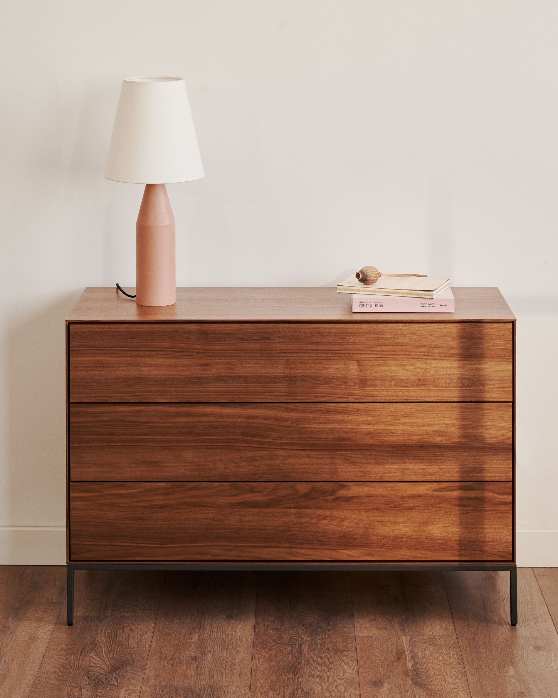 Vedrana 3 drawer chest of drawers in walnut veneer with black steel legs, 110 x 75 cm - Lifestyle
