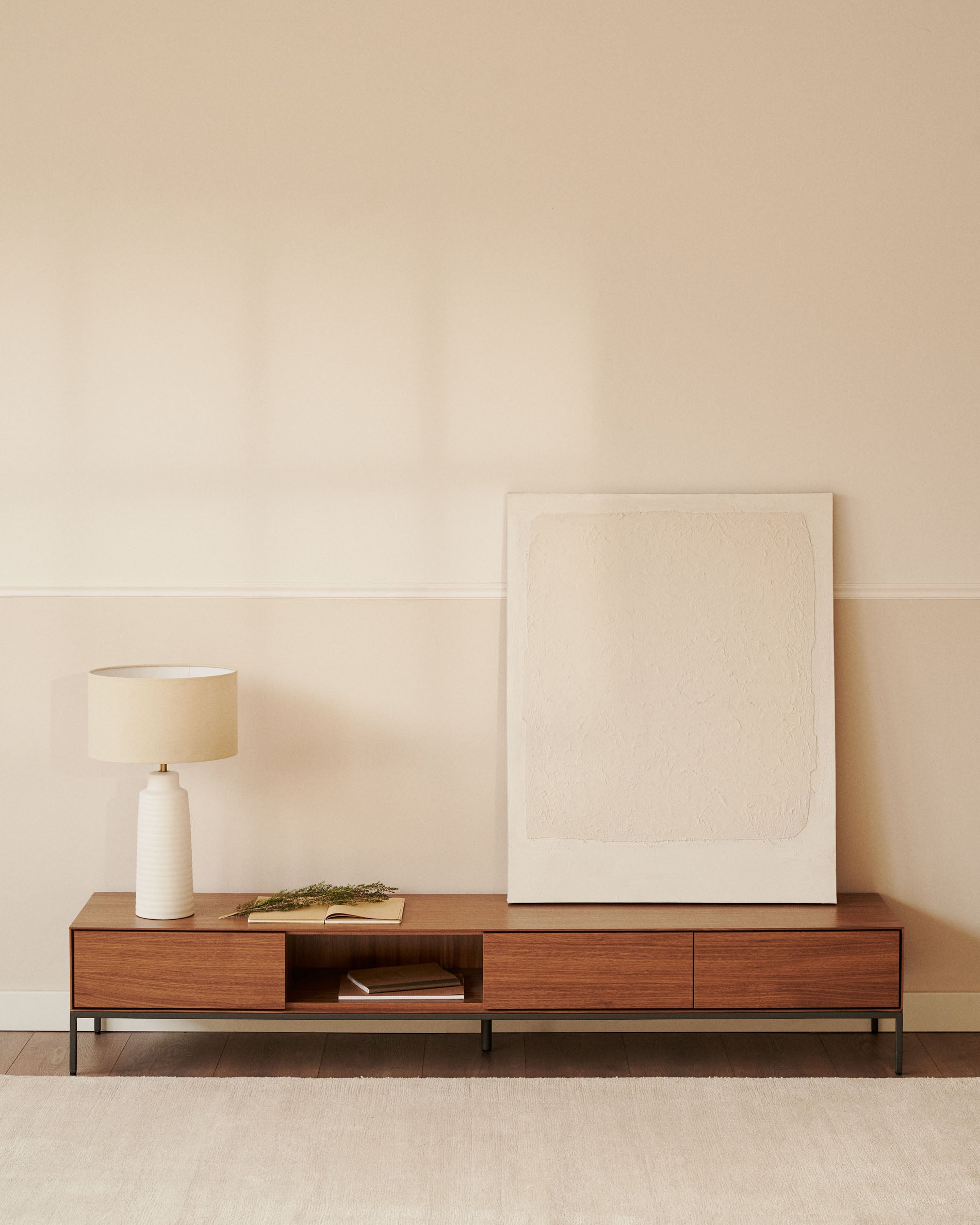 Vedrana 3 drawer TV stand in walnut veneer with black steel legs, 195 x 35 cm - Lifestyle