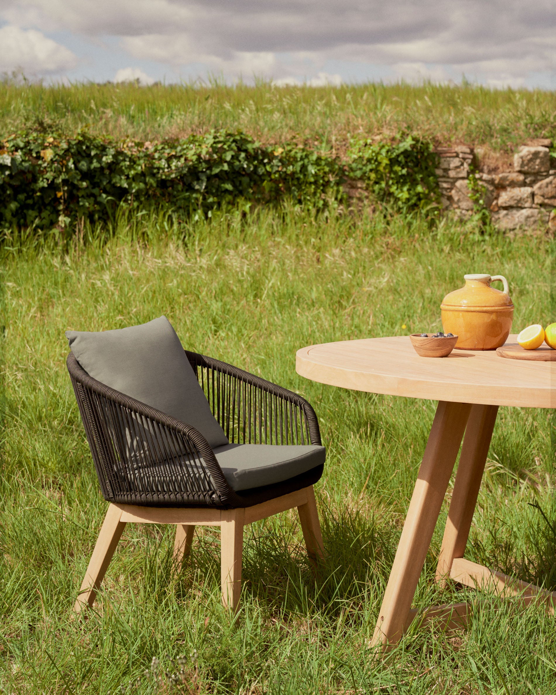 Portalo chair in black cord with solid acacia wood legs - Lifestyle