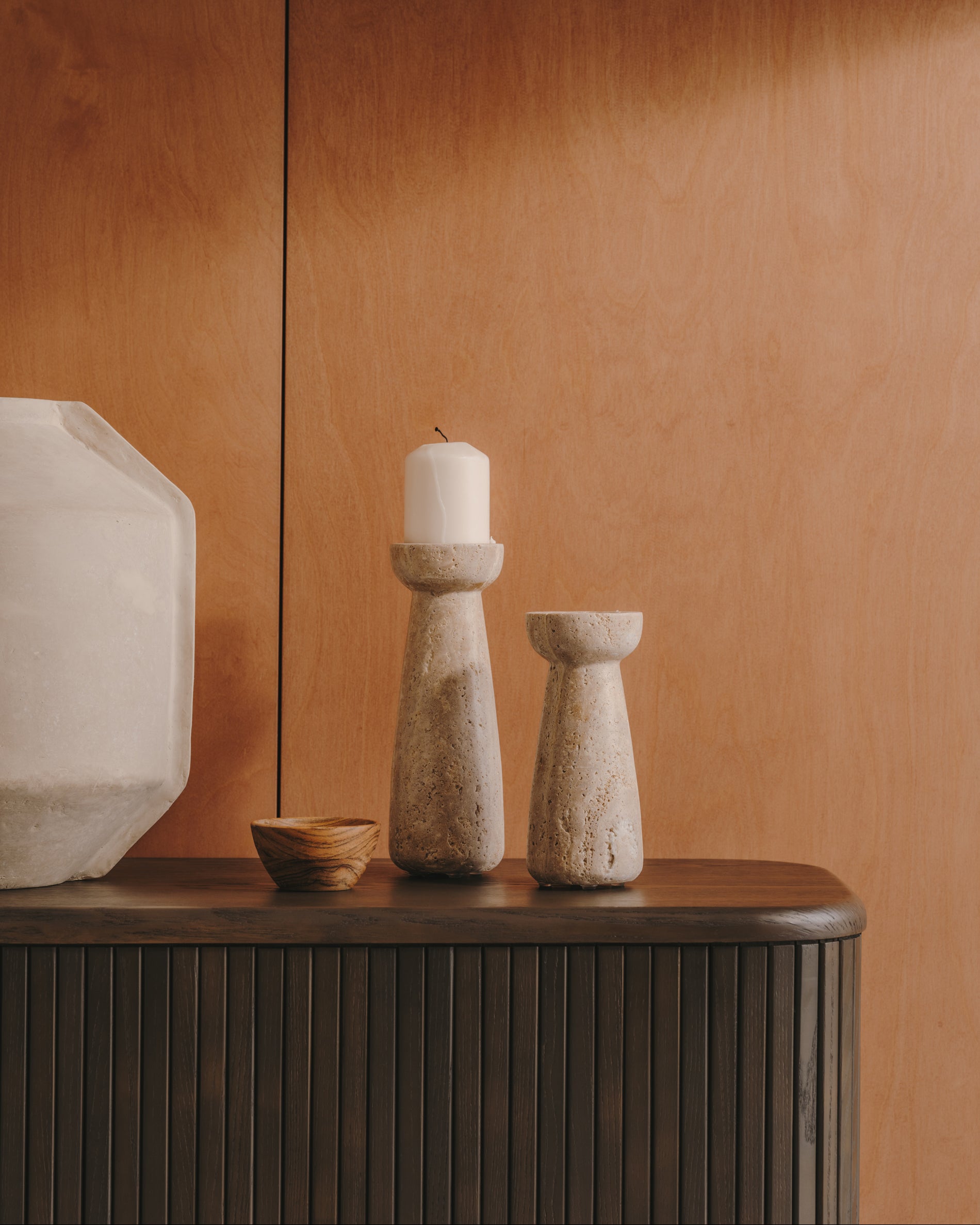 Magan large beige travertine candle holder - Lifestyle