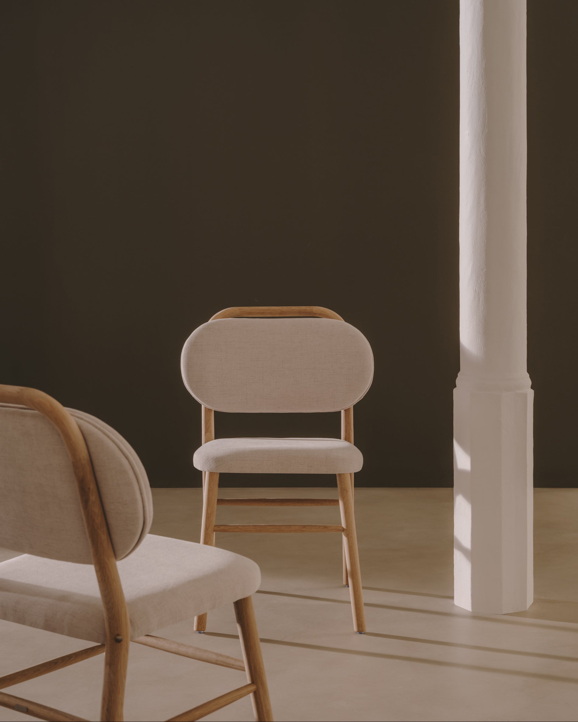 Helda chair in beige chenille and solid oak wood FSC Mix Credit - Lifestyle