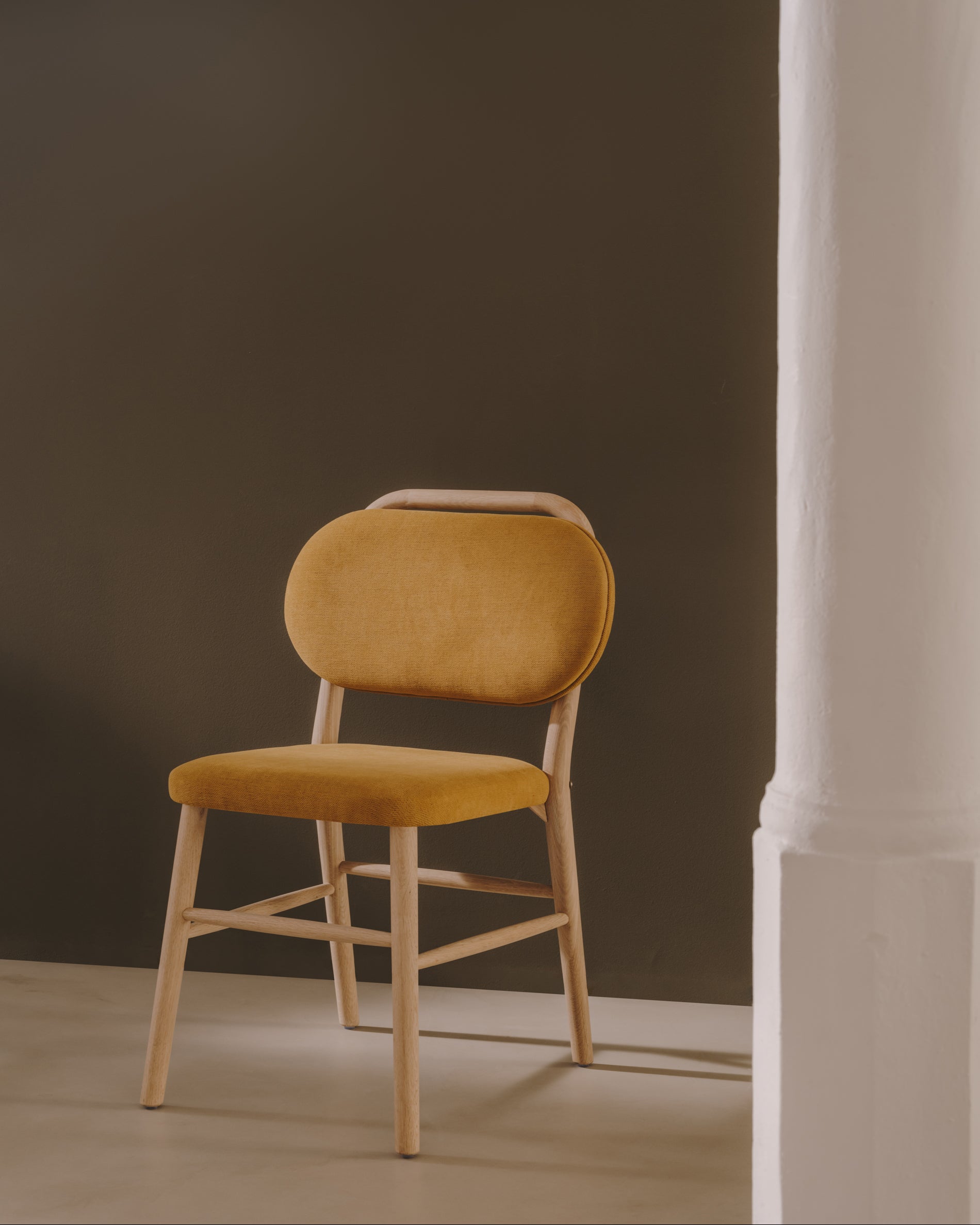 Helda chair in mustard chenille and solid oak wood FSC Mix Credit - Lifestyle