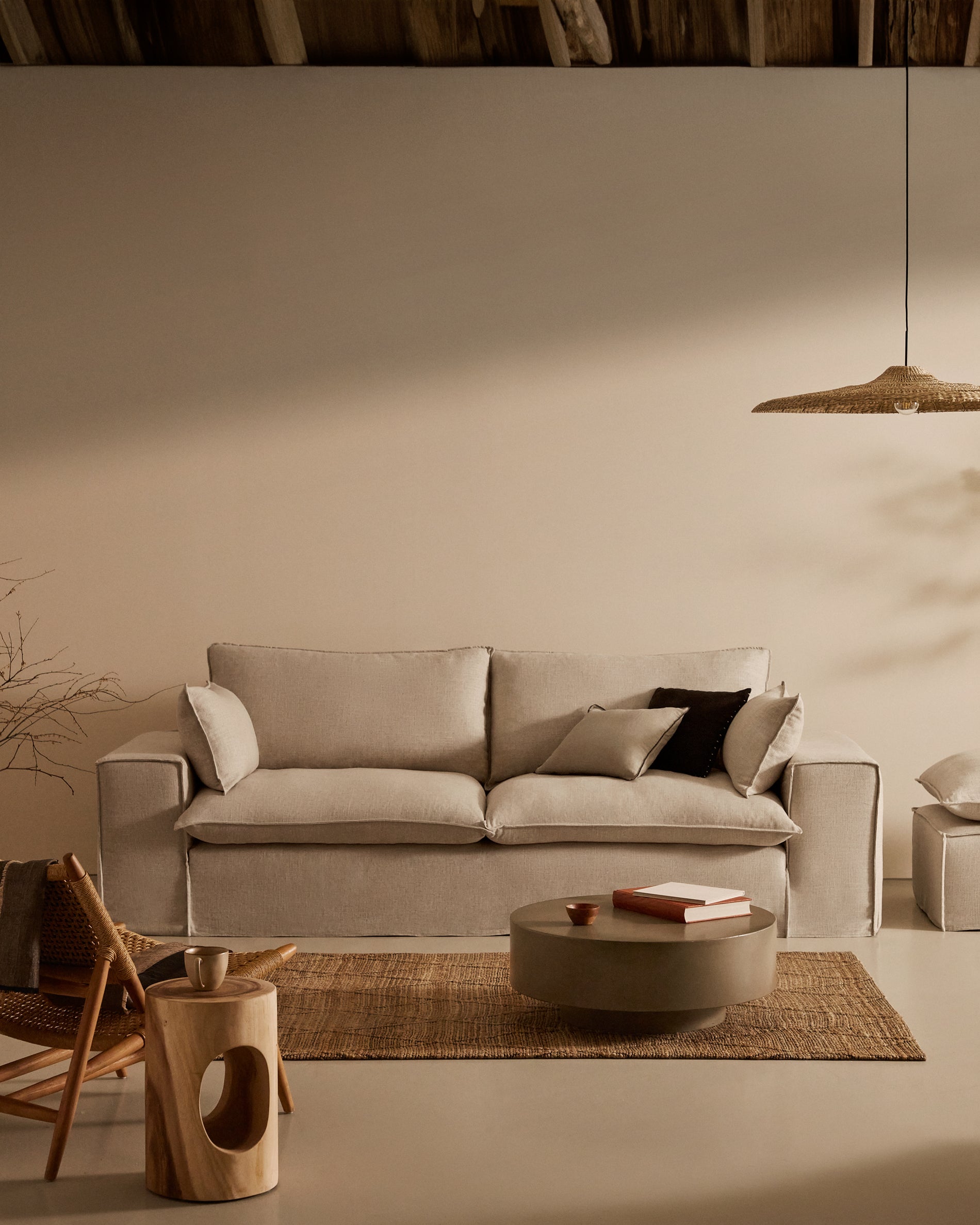 Anarela 3 seater sofa with removable covers and beige linen cushions, 280 cm - Lifestyle
