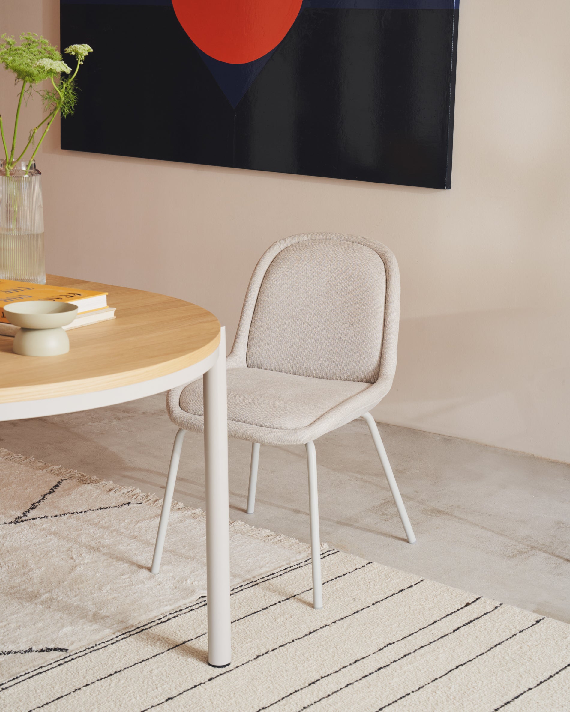 Aimin chair in beige chenille and steel legs with a matte beige painted finish FSC Mix Credit - Lifestyle