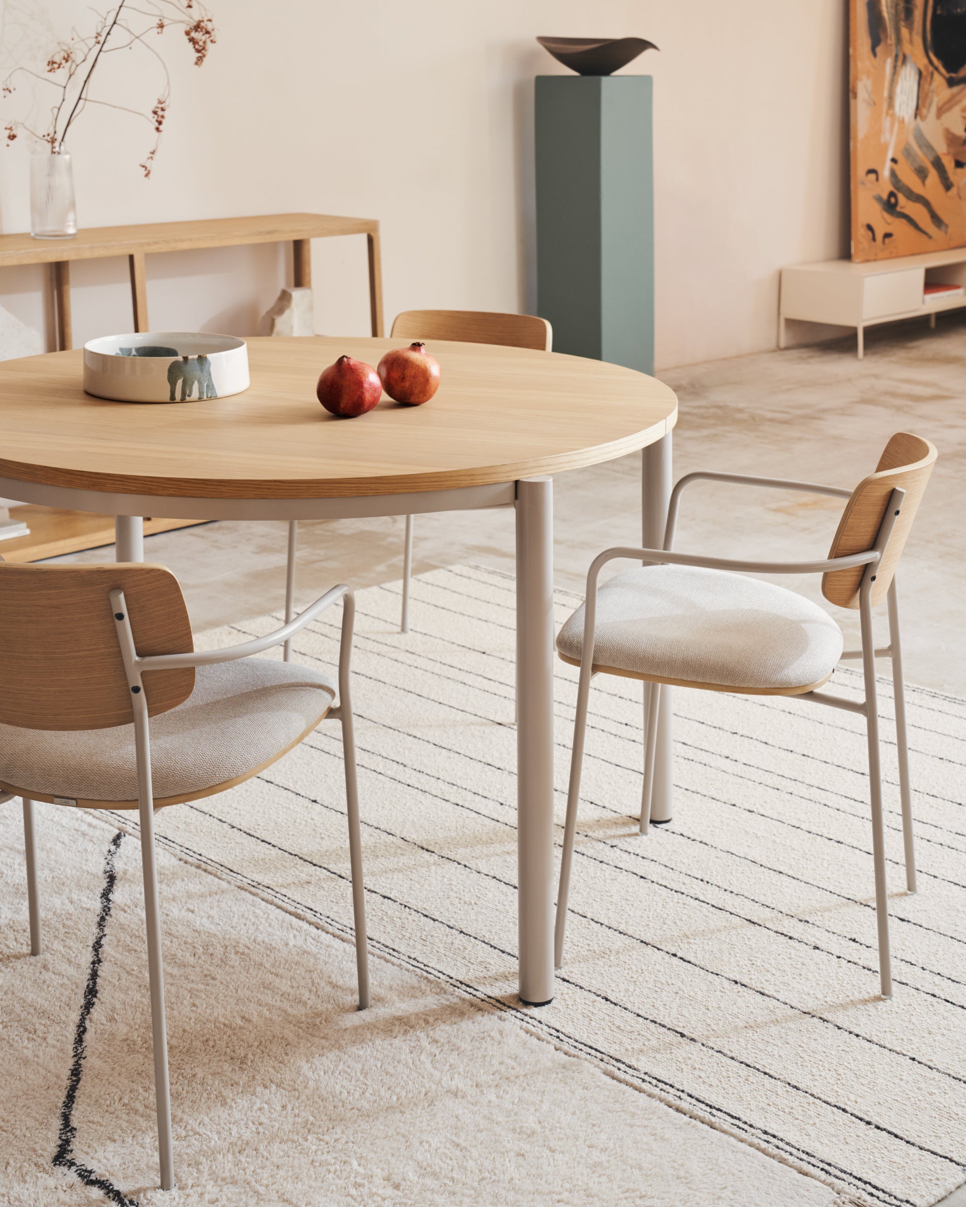 Maureen stackable chair in poplar plywood with light tone finish and beige metal legs, 100% FSC - Lifestyle