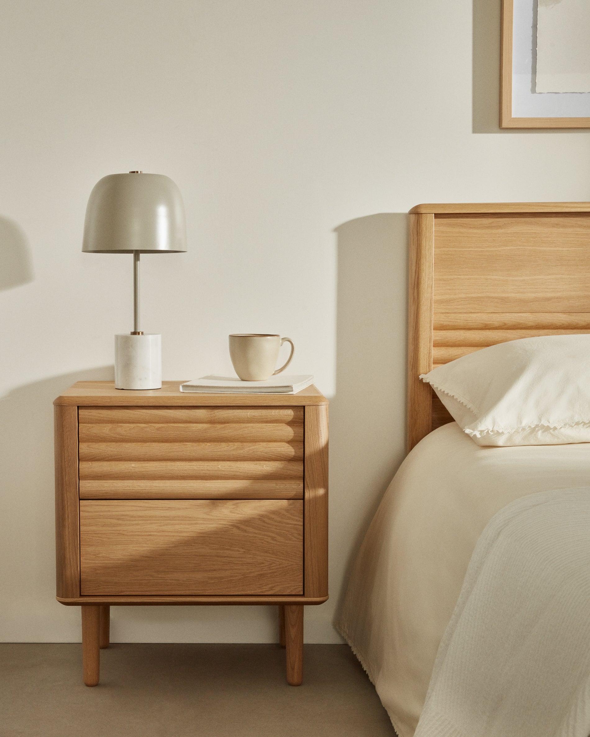Lenon oak wood and veneer bedside table with 2 drawers, 50 x 55 cm FSC MIX Credit - Lifestyle