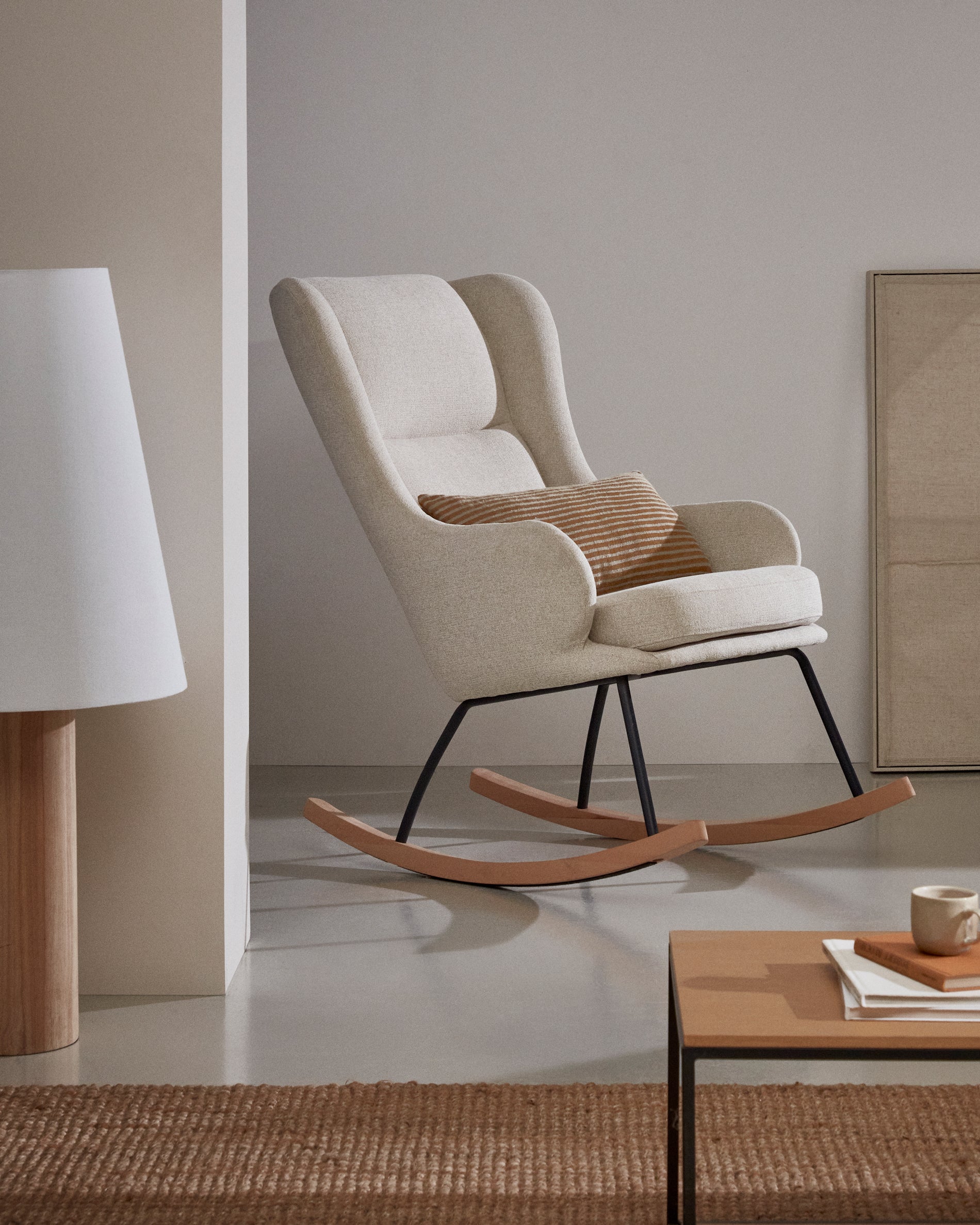 Maustin rocking chair in beige chenille with a black steel structure and beech wood - Lifestyle