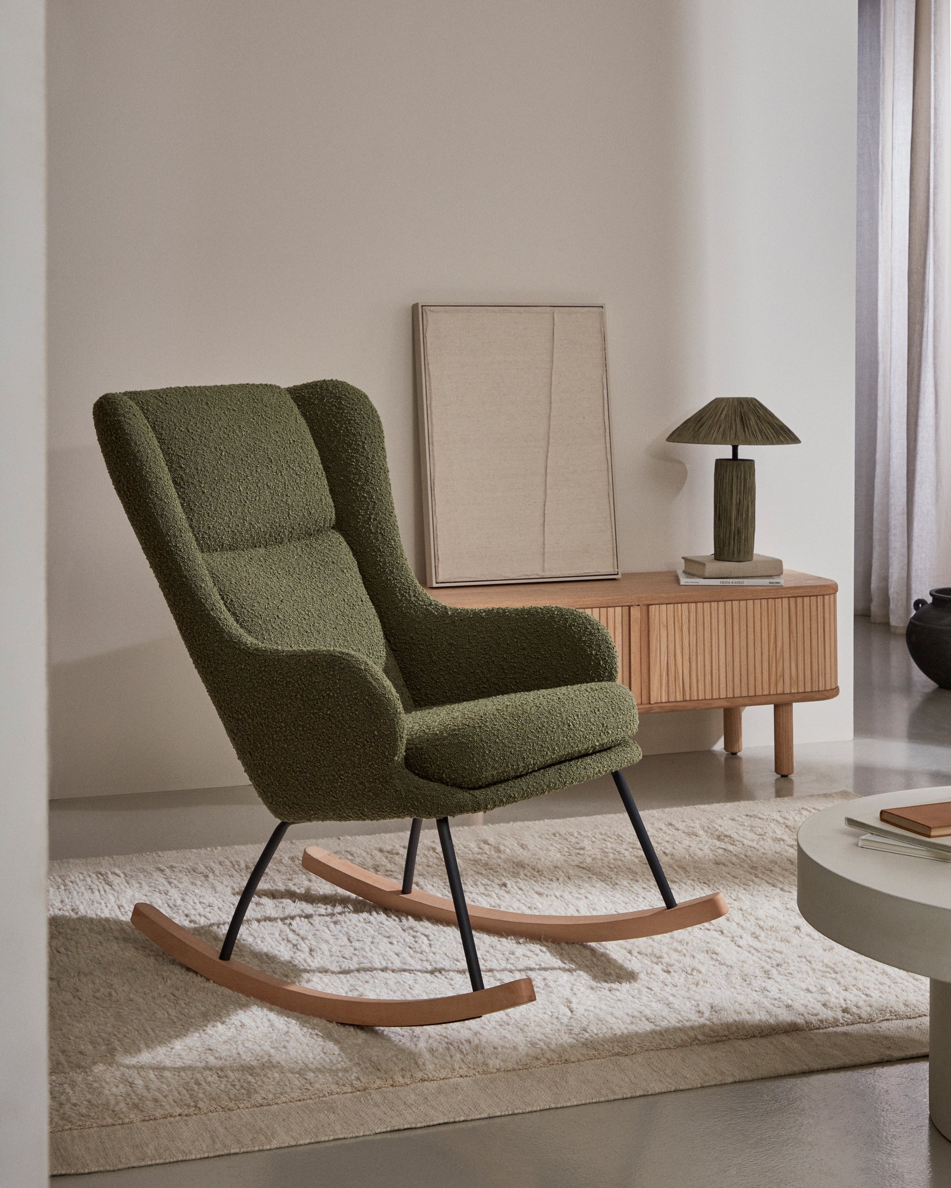 Maustin rocking chair in green bouclé with a dark green steel structure and beech wood - Lifestyle