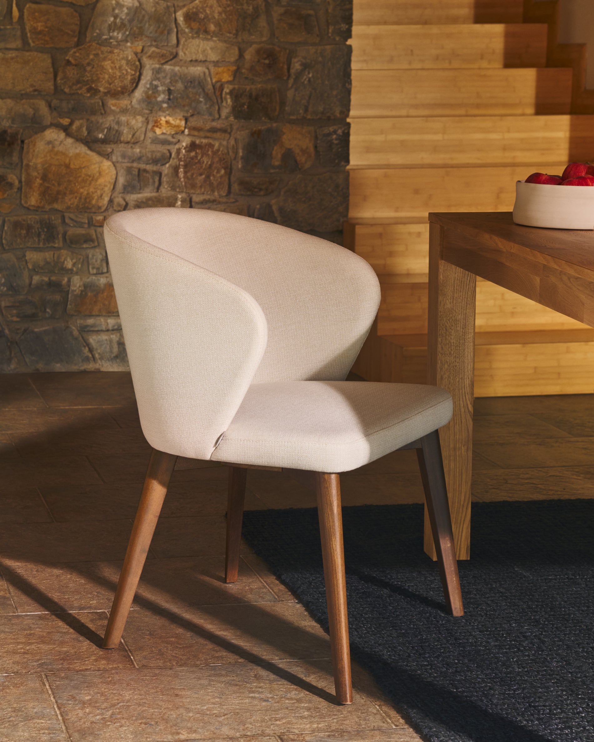 Darice chair in beige chenille and 100% FSC certified solid beech wood with walnut finish