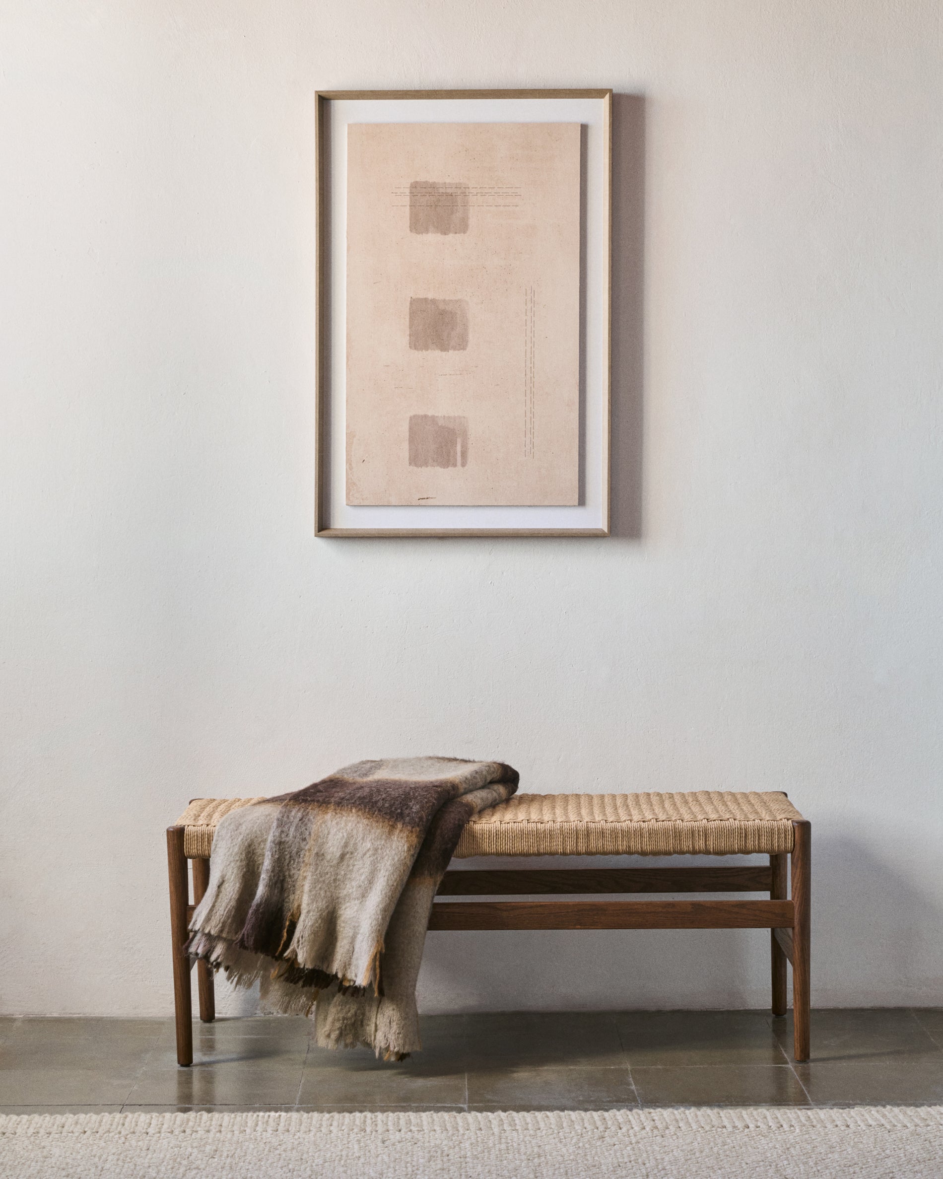 Zaide bench made of solid oak wood in a walnut finish and rope cord seat, 120 cm, FSC 100% - Lifestyle