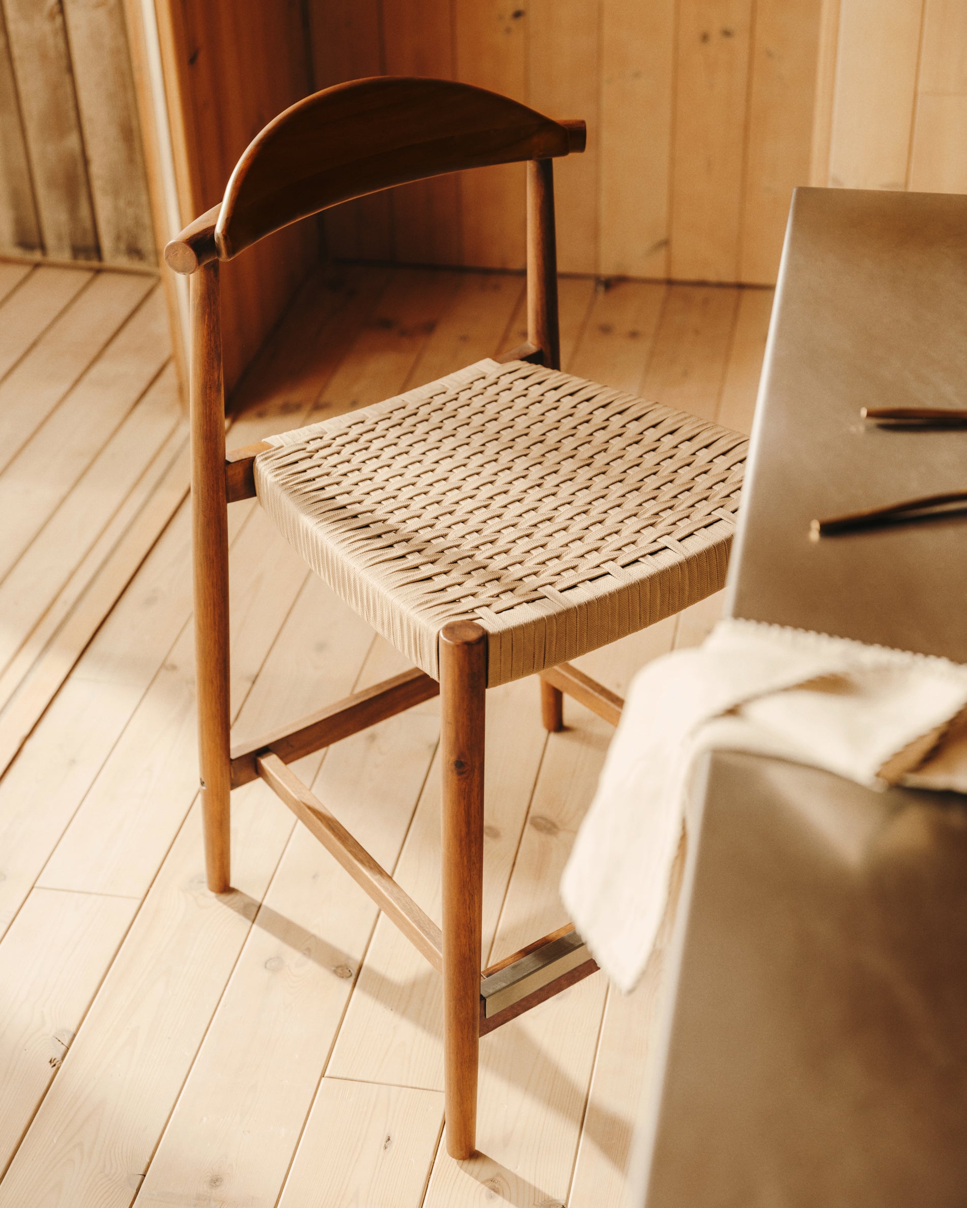 Nina solid acacia wood stool with walnut finish and beige rope height 62 cm