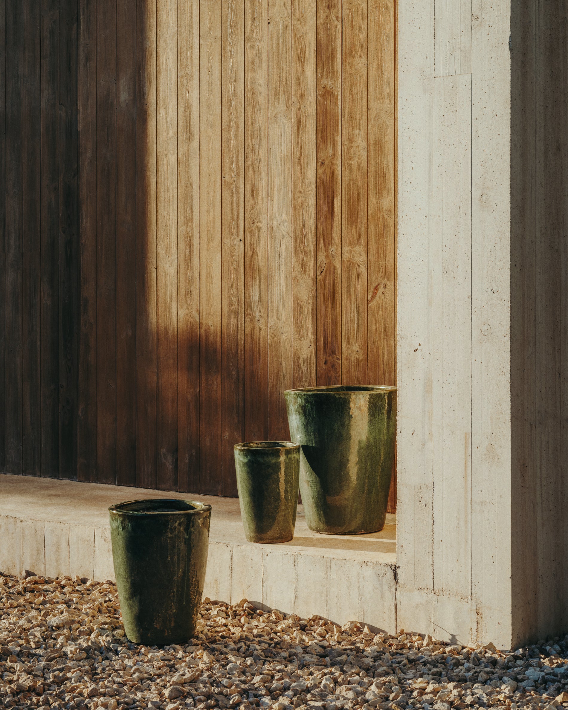 Rotja set of 3 terracotta planters with glazed blue finish Ø 26 / 35 / 47 cm - Lifestyle