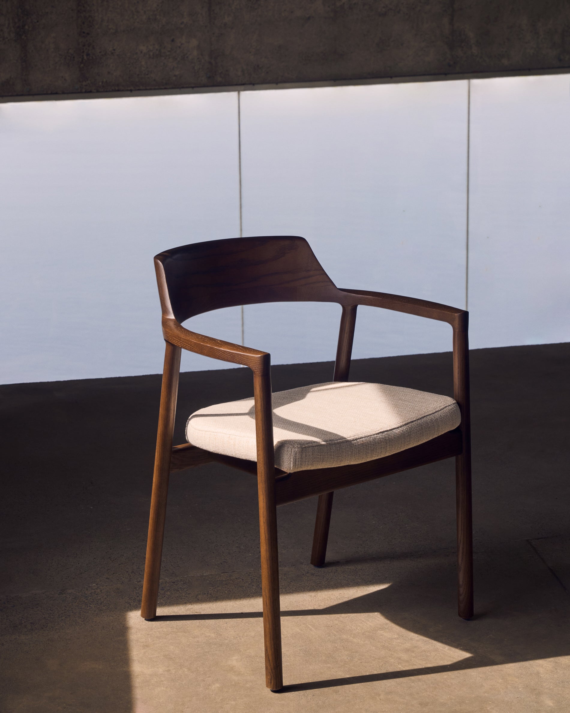 Alocs chair removable cover in beige chenille solid oak wood walnut finish FSC Mix Credit - Lifestyle