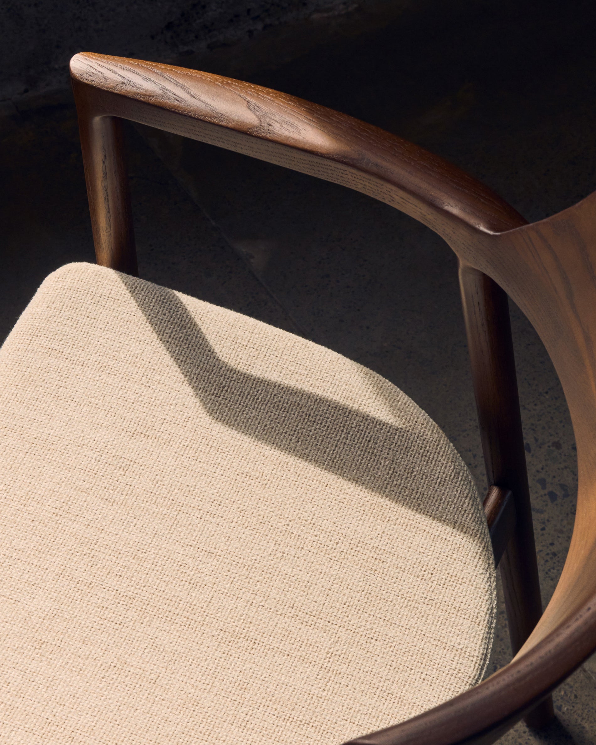 Alocs chair removable cover in beige chenille solid oak wood walnut finish FSC Mix Credit - Lifestyle