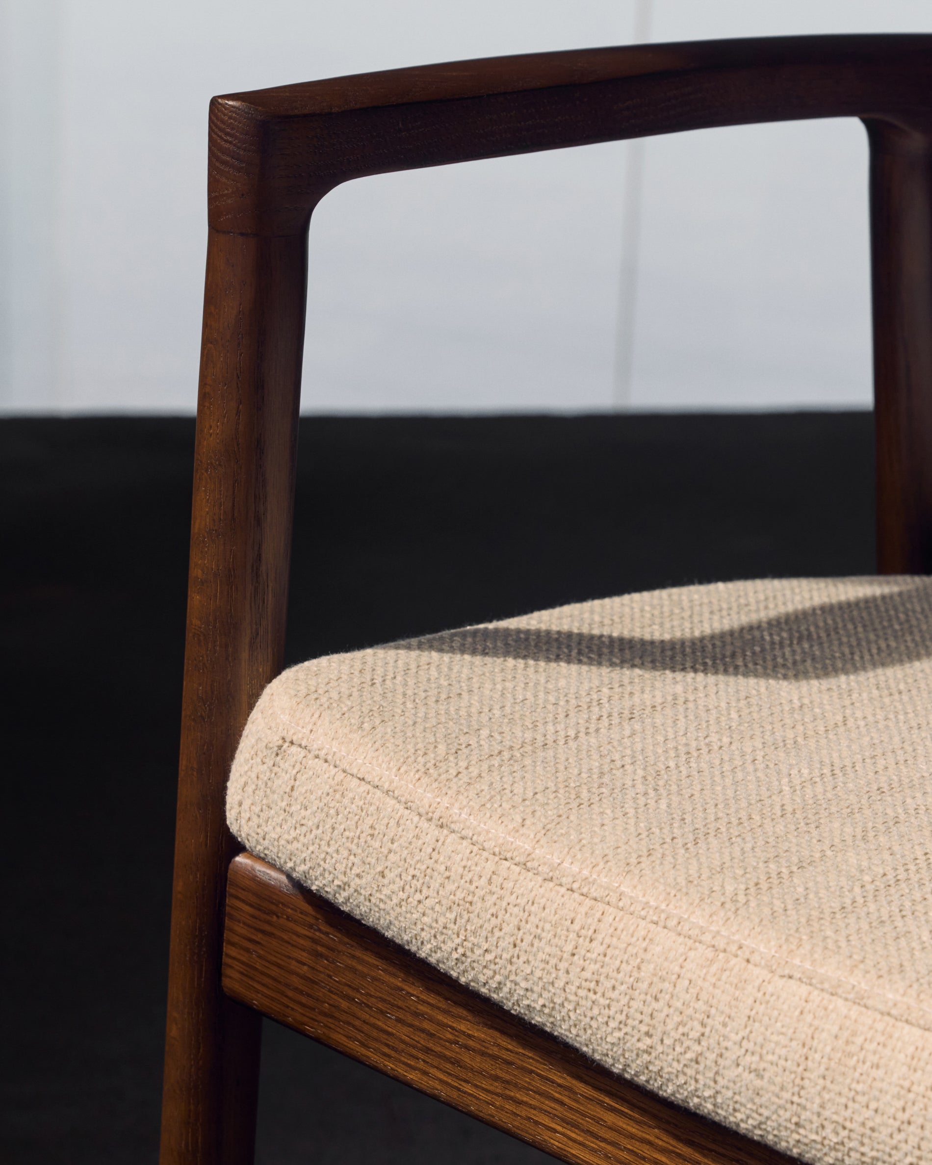 Alocs chair removable cover in beige chenille solid oak wood walnut finish FSC Mix Credit - Lifestyle