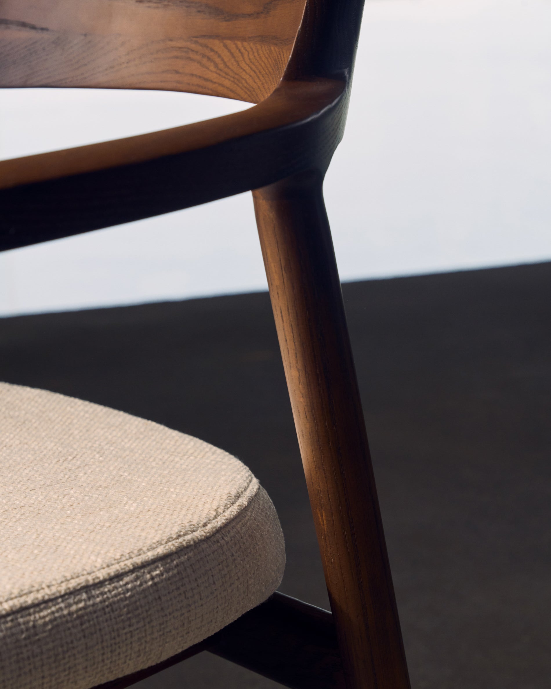 Alocs chair removable cover in beige chenille solid oak wood walnut finish FSC Mix Credit - Lifestyle