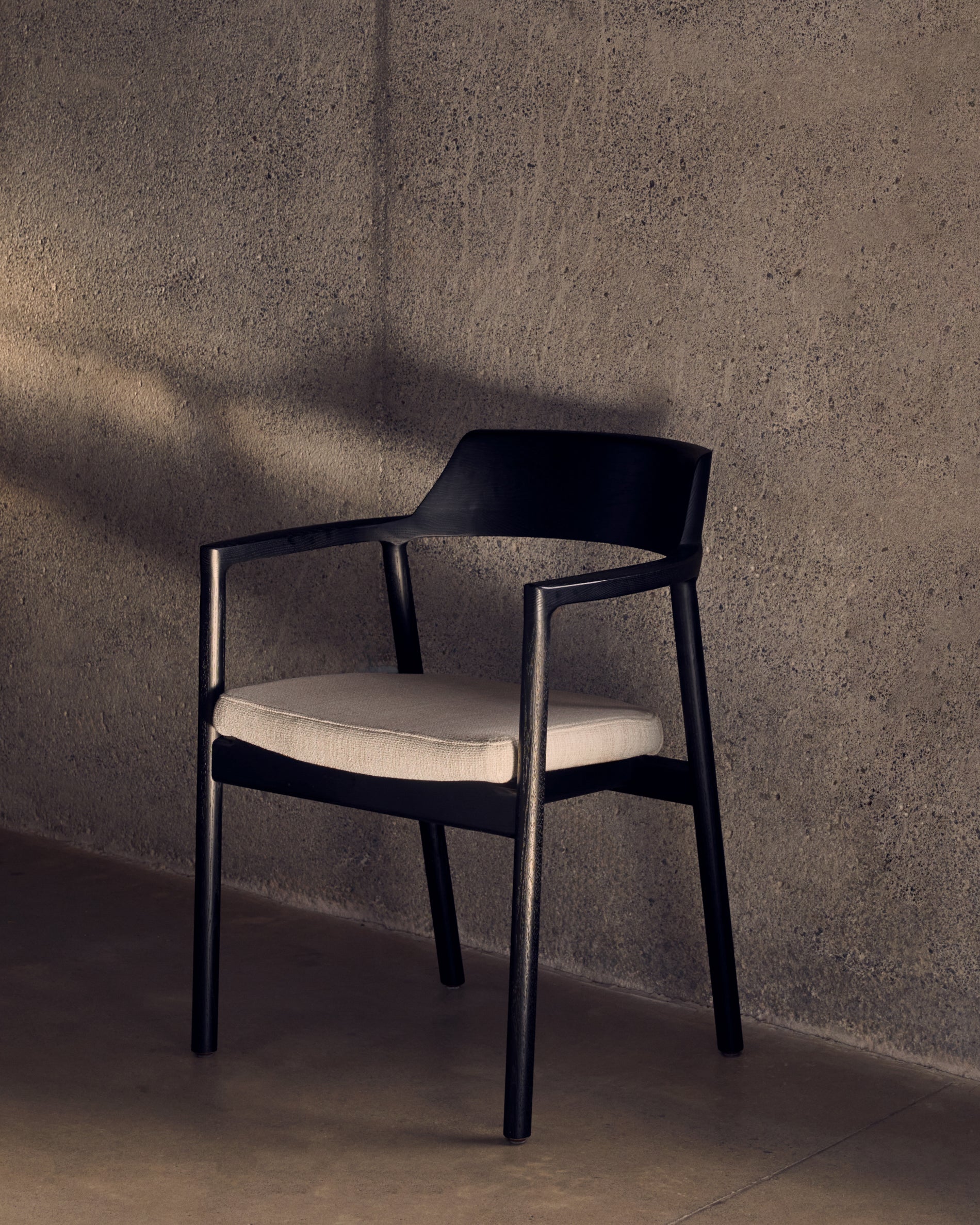 Alocs chair removable cover in beige chenille solid oak wood black finish FSC Mix Credit - Lifestyle