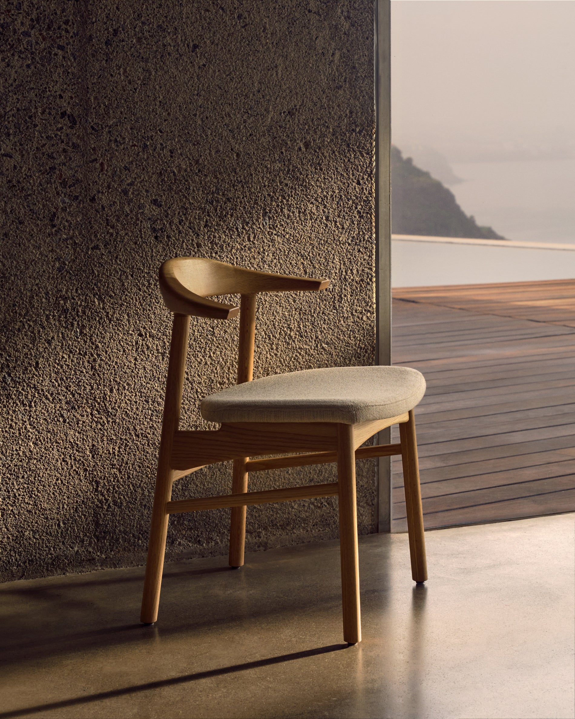 Timons chair removable cover in beige chenille solid oak wood natural finish FSC Mix Credit - Lifestyle