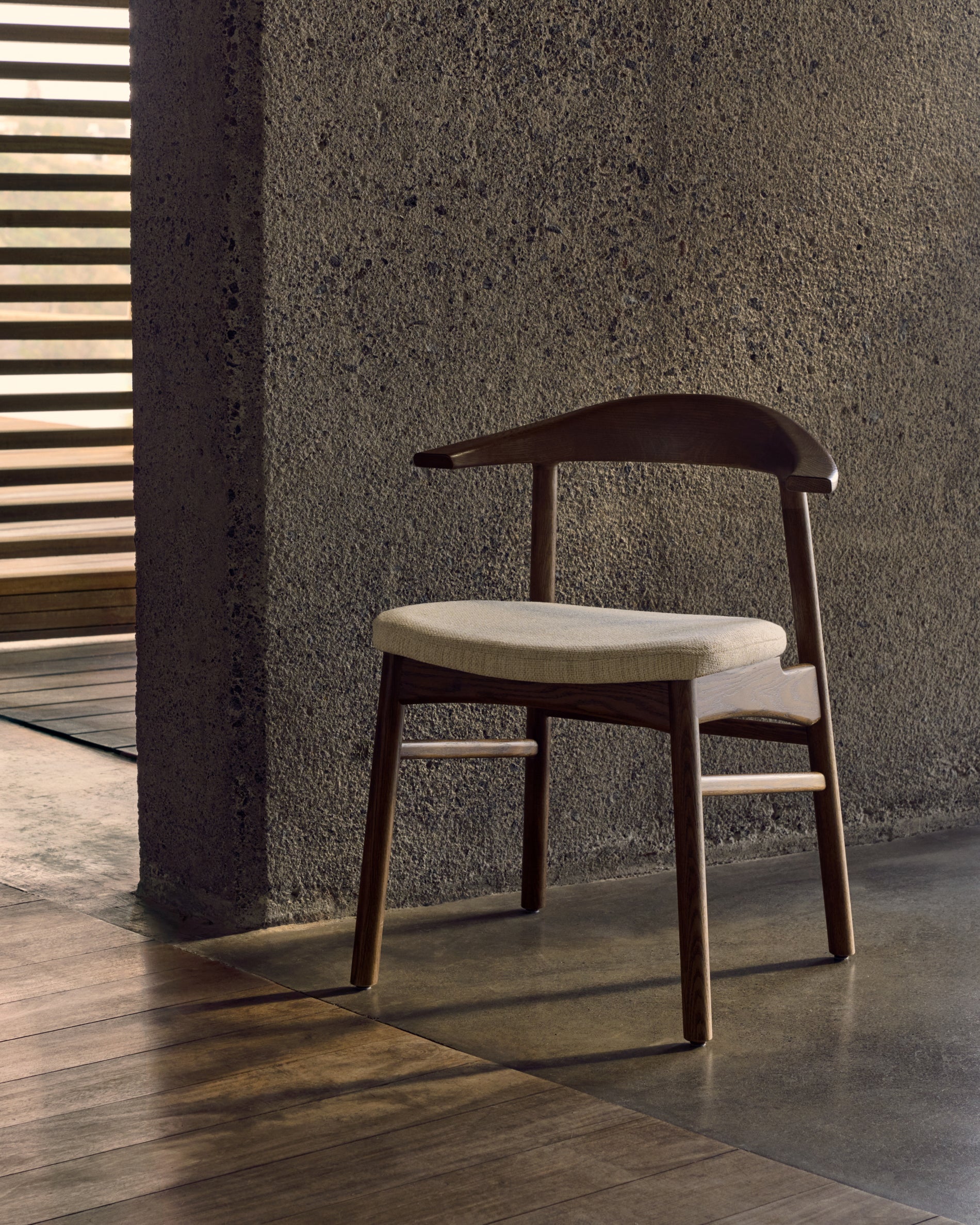 Timons chair removable cover in beige chenille solid oak wood walnut finish FSC Mix Credit - Lifestyle