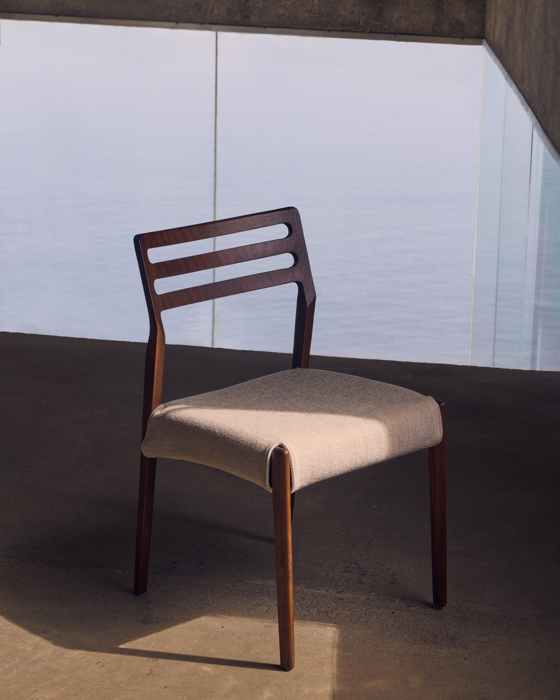 Cudia chair removable cover in beige chenille solid oak wood walnut finish FSC Mix Credit - Lifestyle