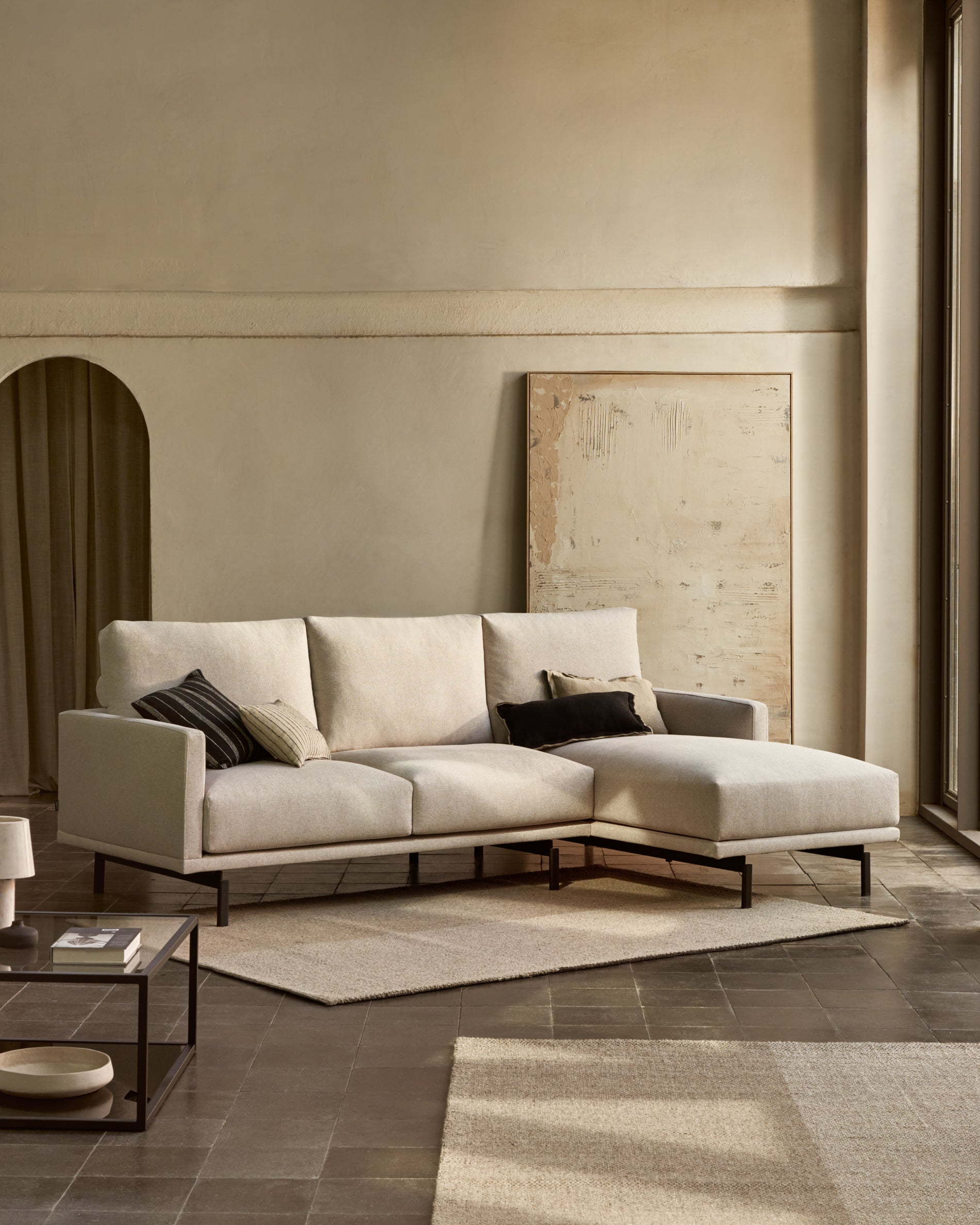 Galene 3 seater sofa with right-hand chaise longue in beige, 254 cm FSC Mix Credit - Lifestyle