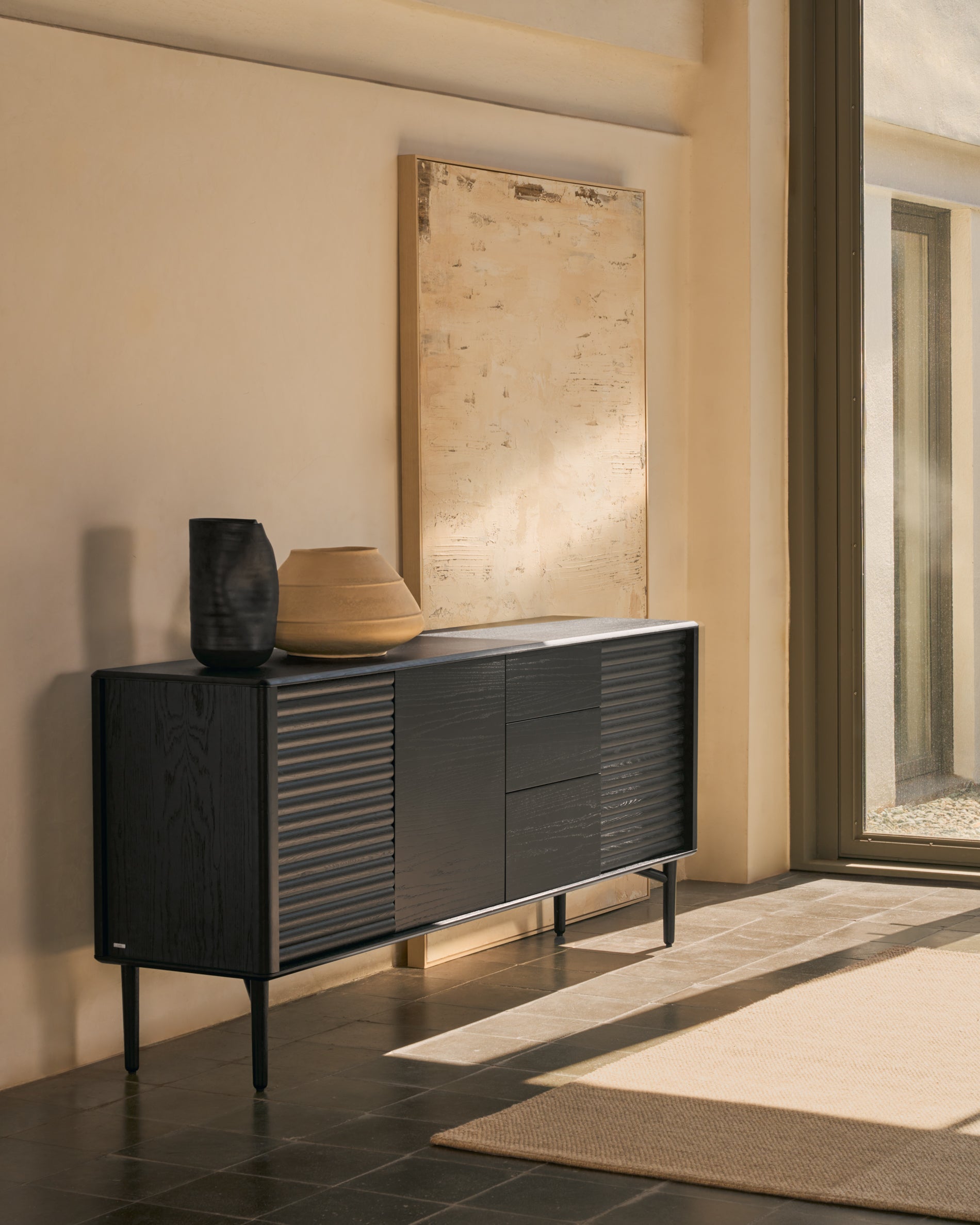 Lenon sideboard 3 doors and 3 drawers solid wood and black oak veneer 200x86cm FSC Mix Credit - Lifestyle