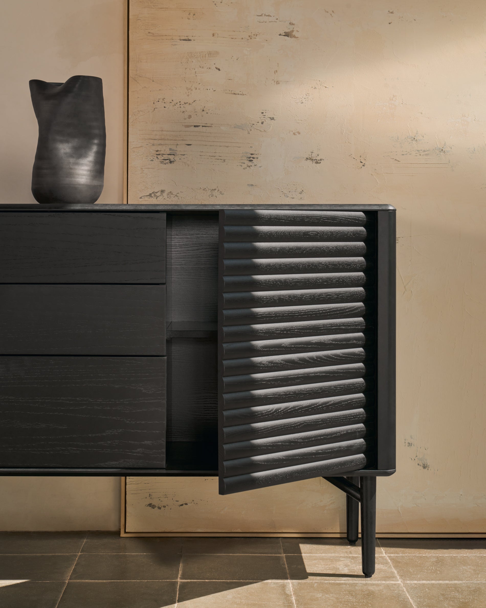 Lenon sideboard 3 doors and 3 drawers solid wood and black oak veneer 200x86cm FSC Mix Credit - Lifestyle