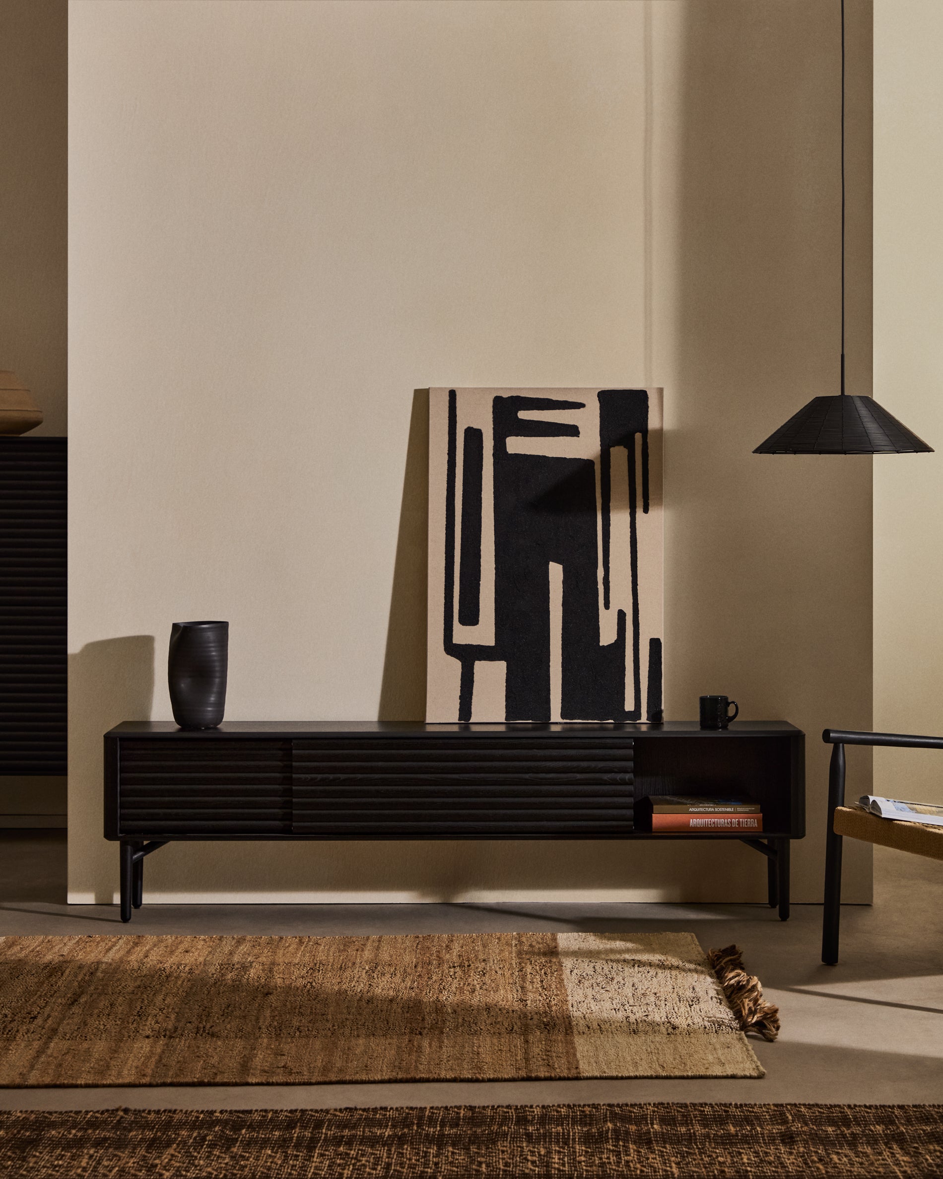 Lenon TV cabinet, 2 doors in solid wood and black oak veneer 200x57 cm FSC Mix Credit - Lifestyle