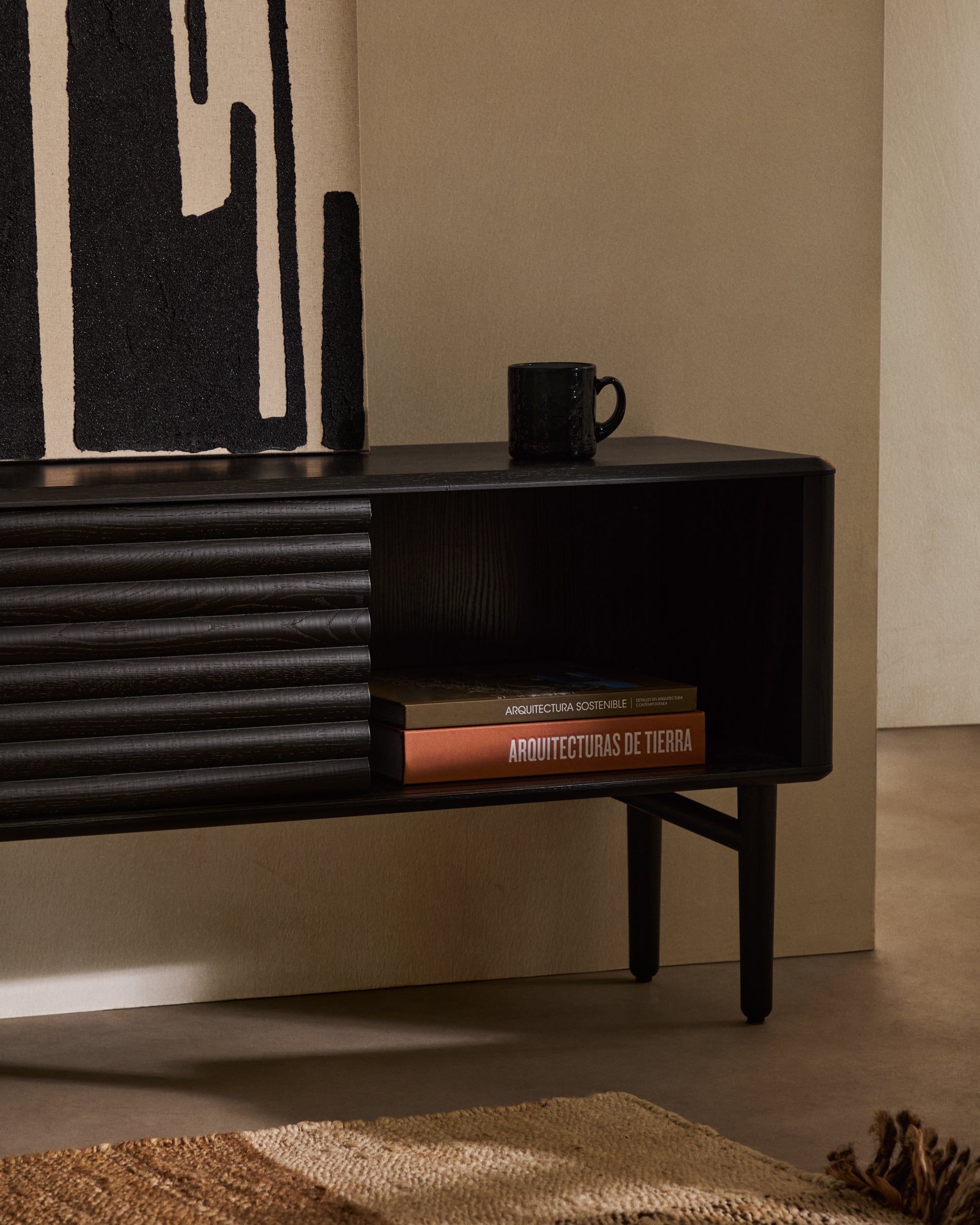 Lenon TV cabinet, 2 doors in solid wood and black oak veneer 200x57 cm FSC Mix Credit - Lifestyle
