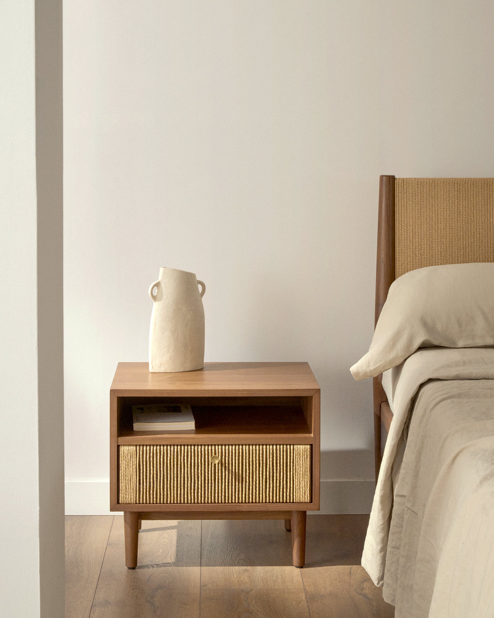 Elan bedside table in veneer and solid walnut with cord 51x45cm FSC Mix Credit - Lifestyle