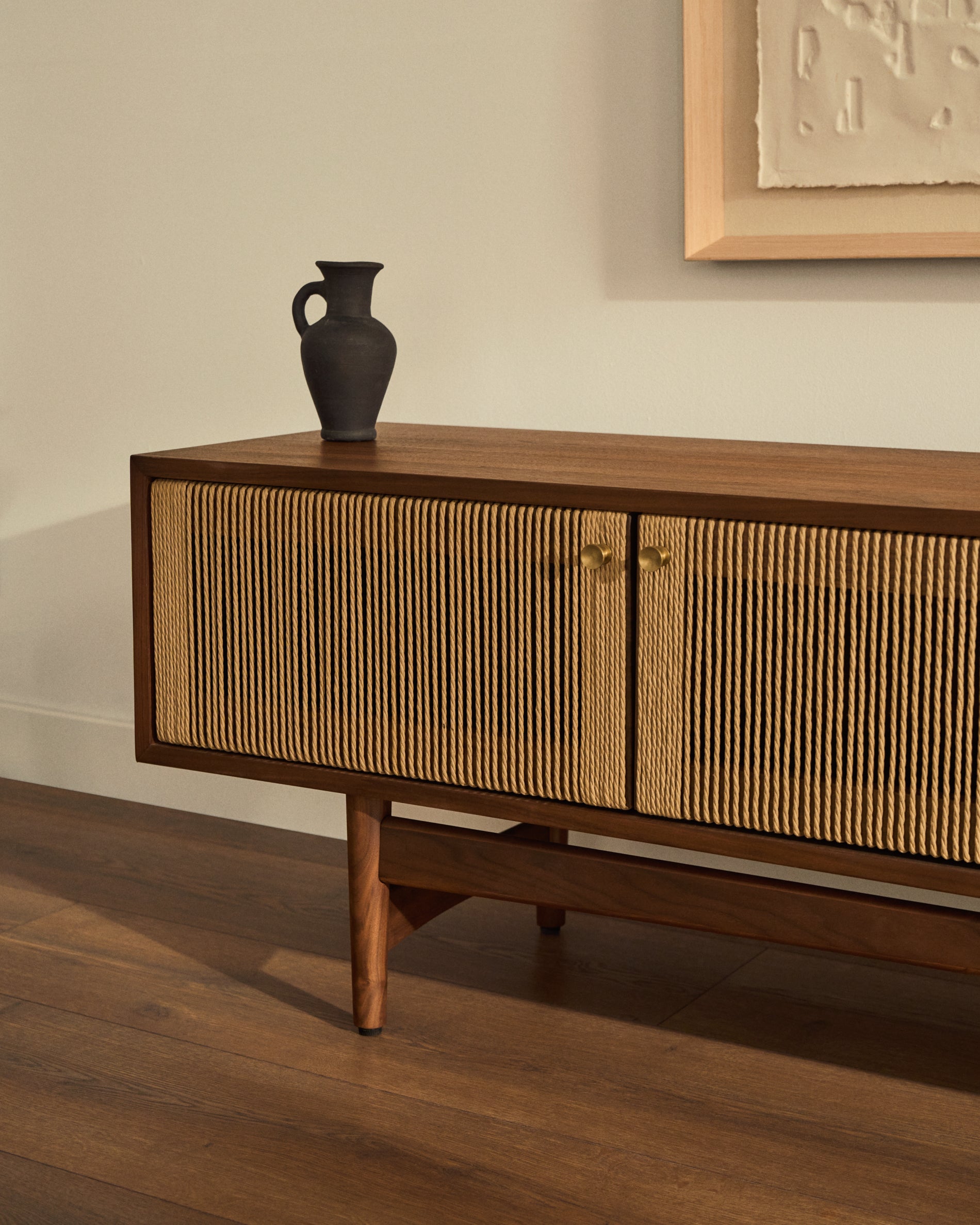 Elan TV cabinet 3 doors veneer and solid walnut and cord 200 x 50 cm FSC Mix Credit - Lifestyle