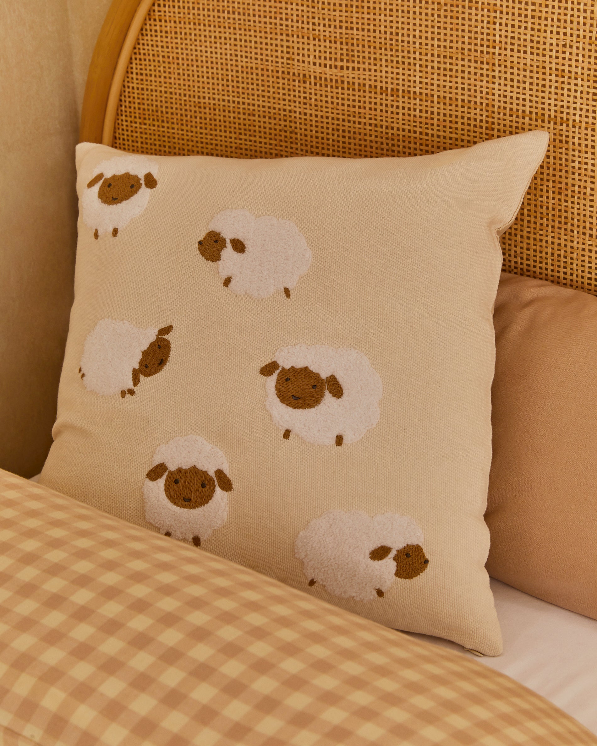 Milu cushion cover in beige cotton with sheep embroidery feature, 45 x 45 cm - Lifestyle