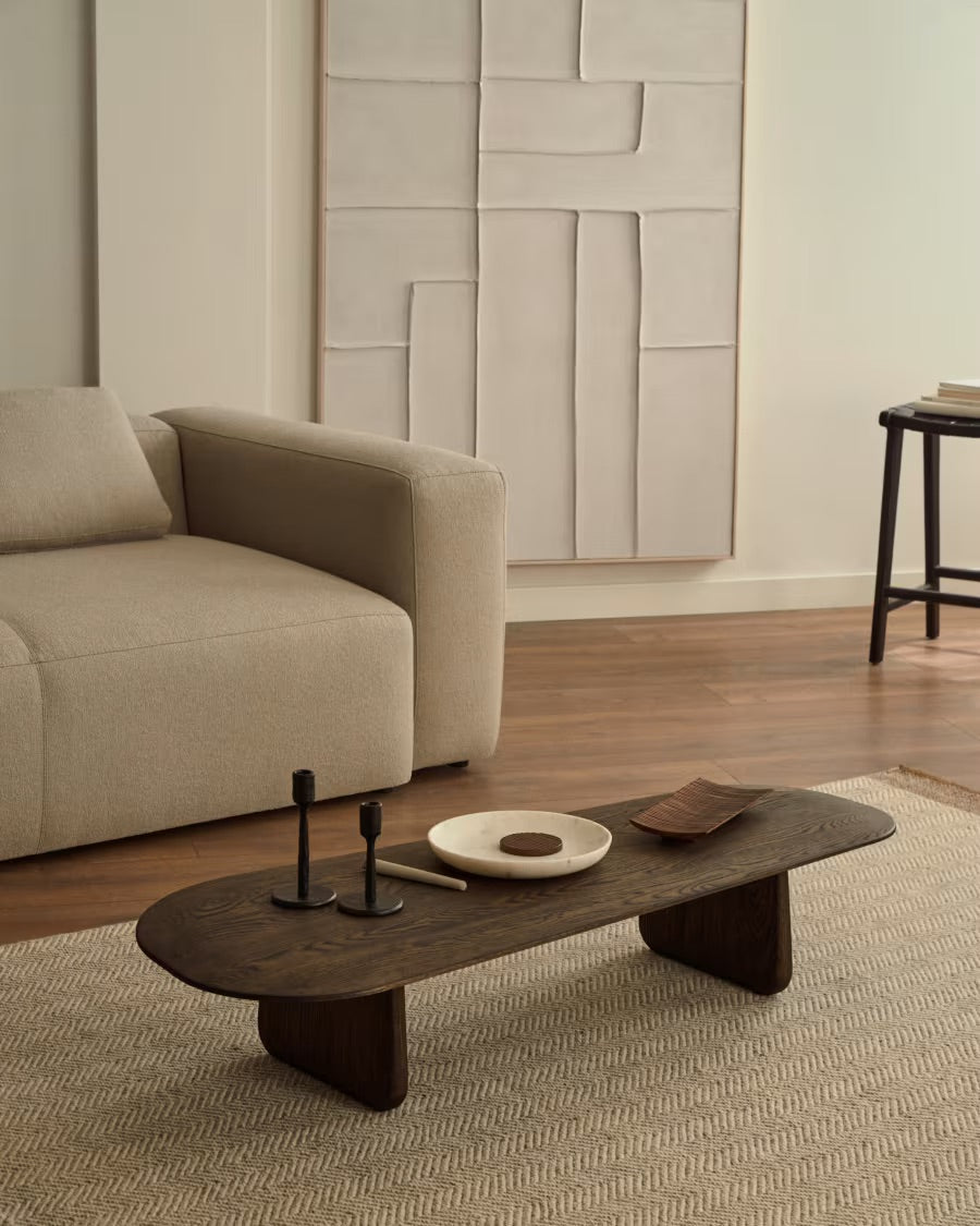 Pirita coffee table in solid oak, dark surface, 146 x 56.5 cm, FSC 100% certified.