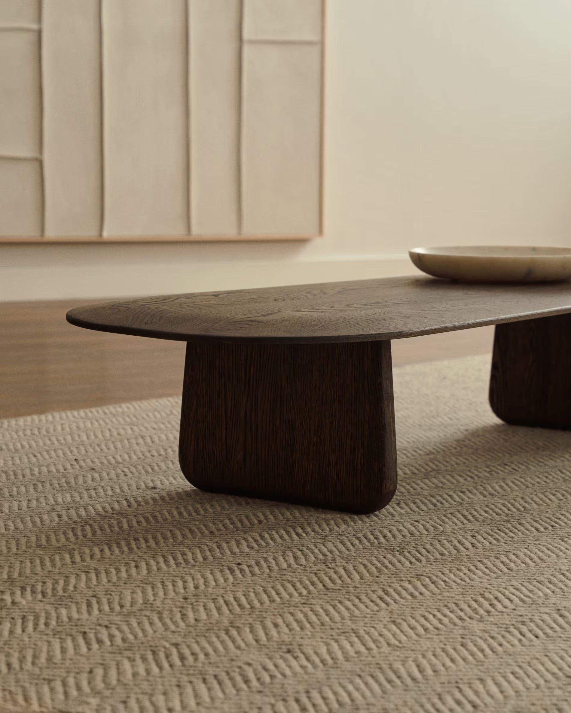 Pirita coffee table in solid oak, dark surface, 146 x 56.5 cm, FSC 100% certified.