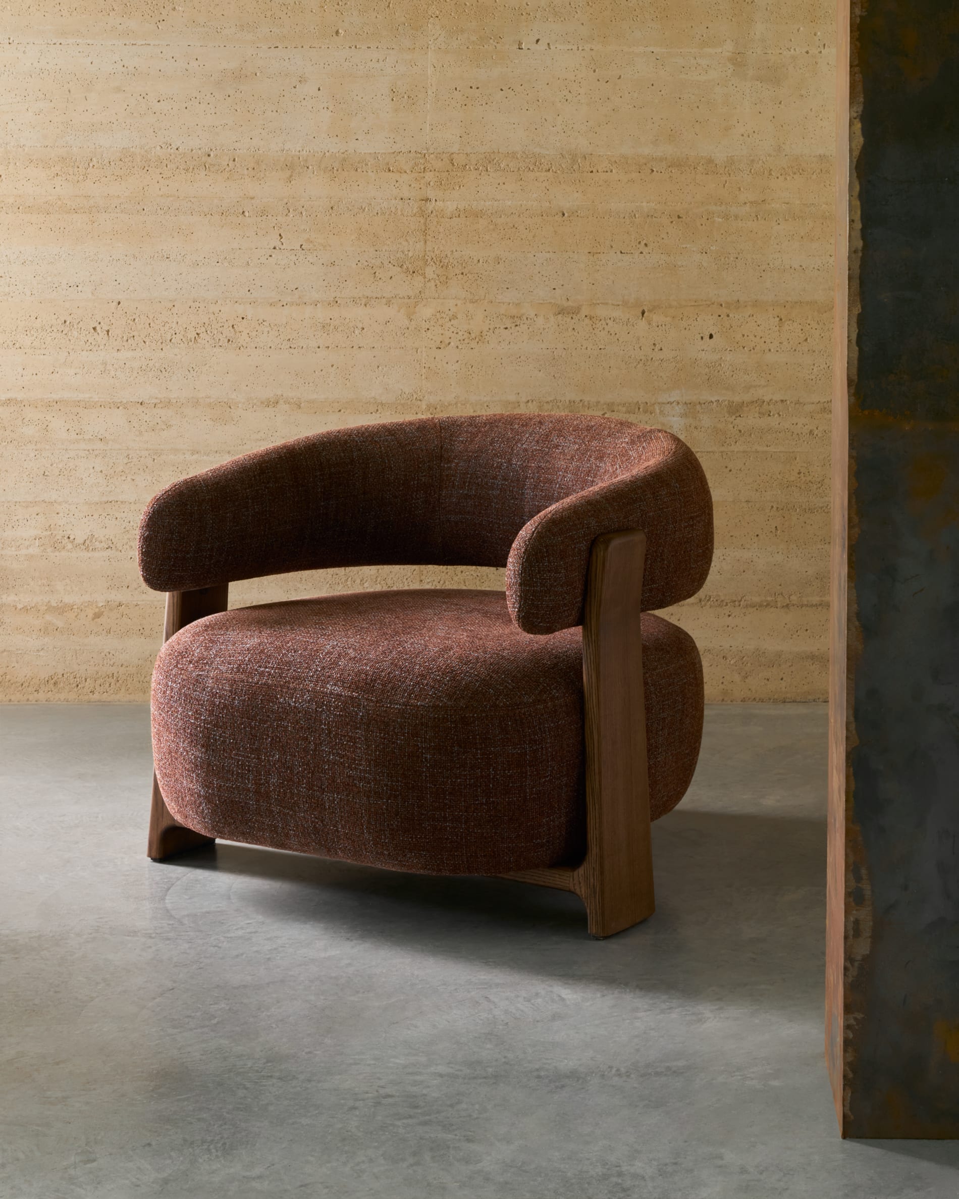 Granite brown upholstered armchair with solid ash wood legs in walnut finish, FSC 100%