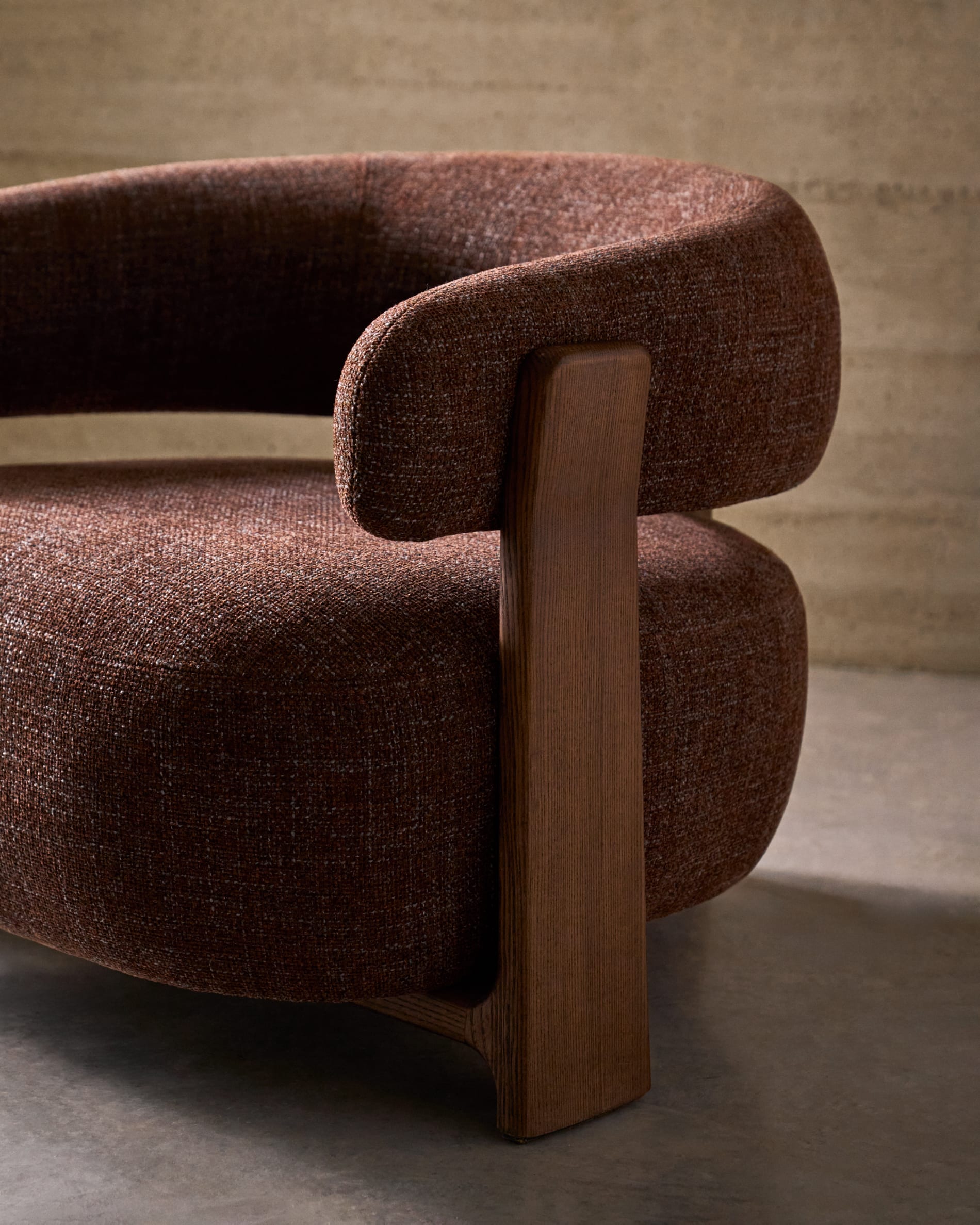 Granite brown upholstered armchair with solid ash wood legs in walnut finish, FSC 100%