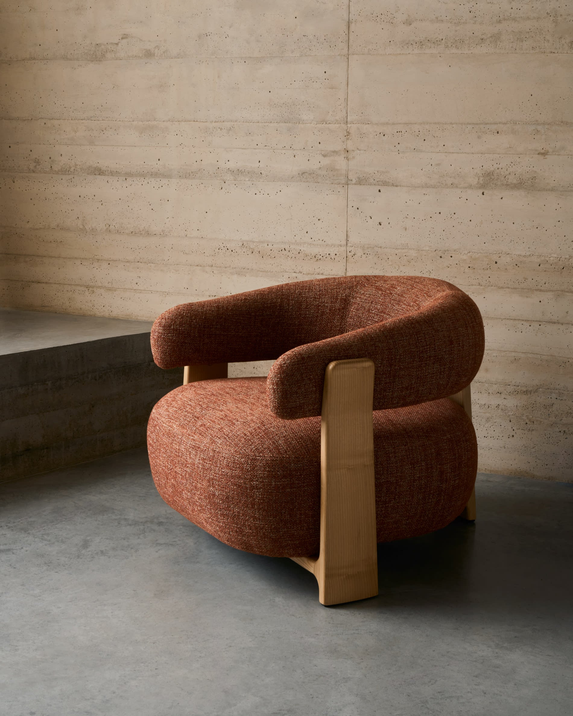 Granite terracotta chenille armchair with solid ash wood legs with natural finish, FSC 100%