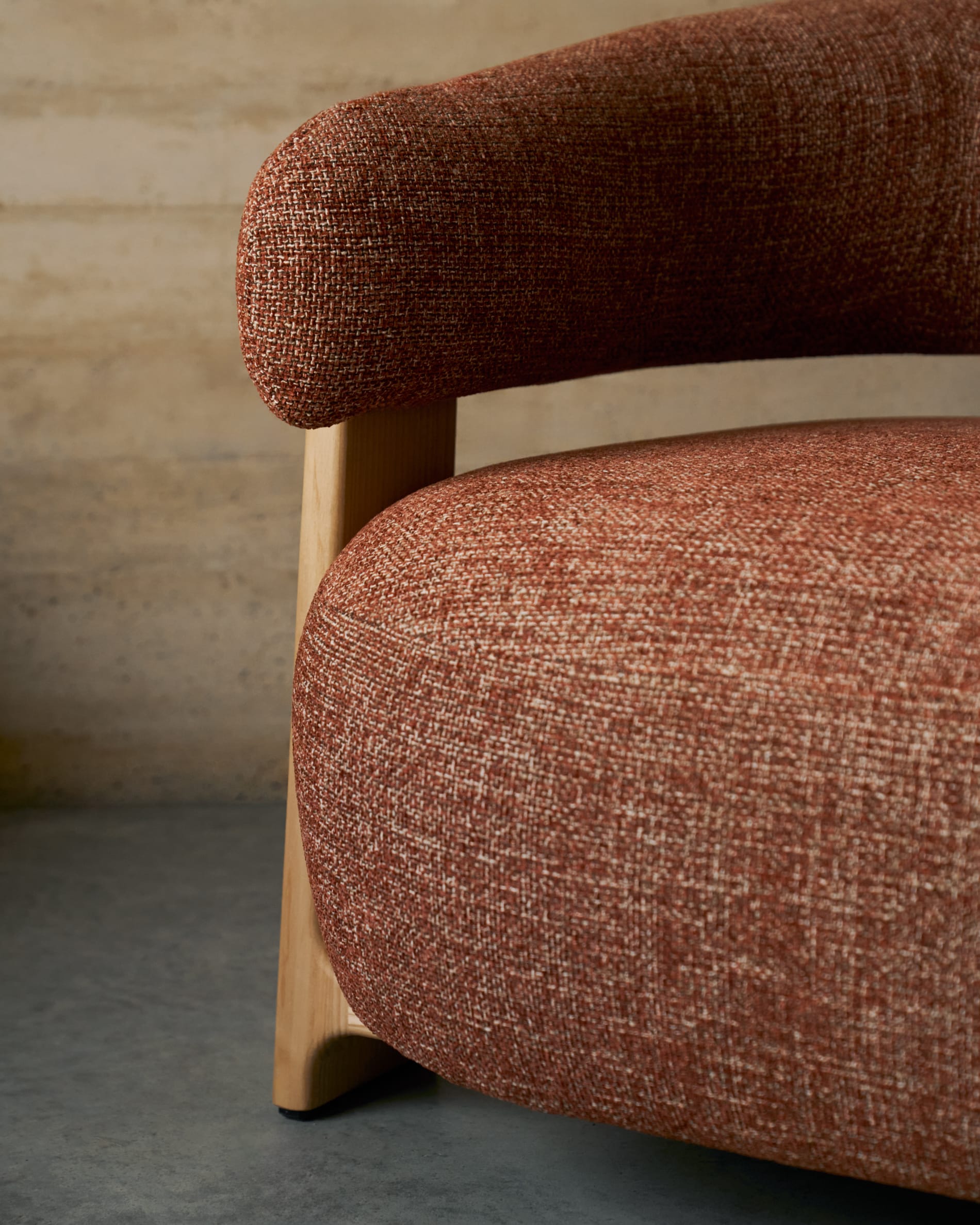 Granite terracotta chenille armchair with solid ash wood legs with natural finish, FSC 100%