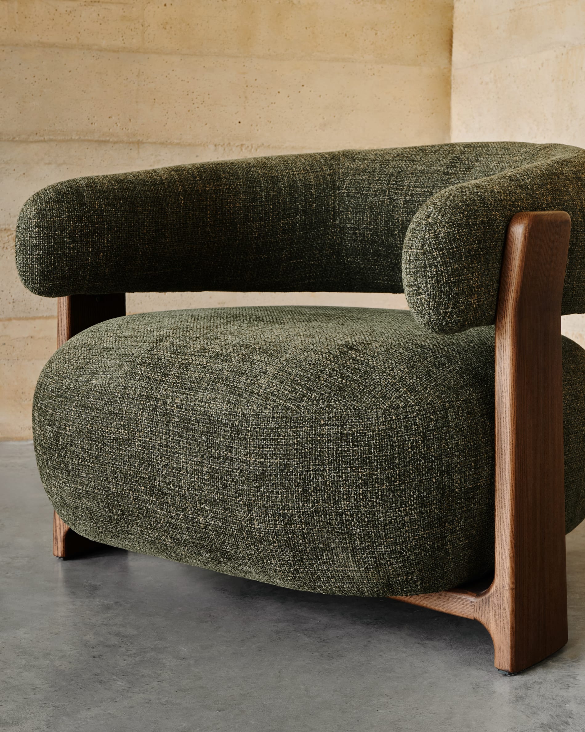 Granite green upholstered armchair with solid ash wood legs, walnut finish, FSC 100%