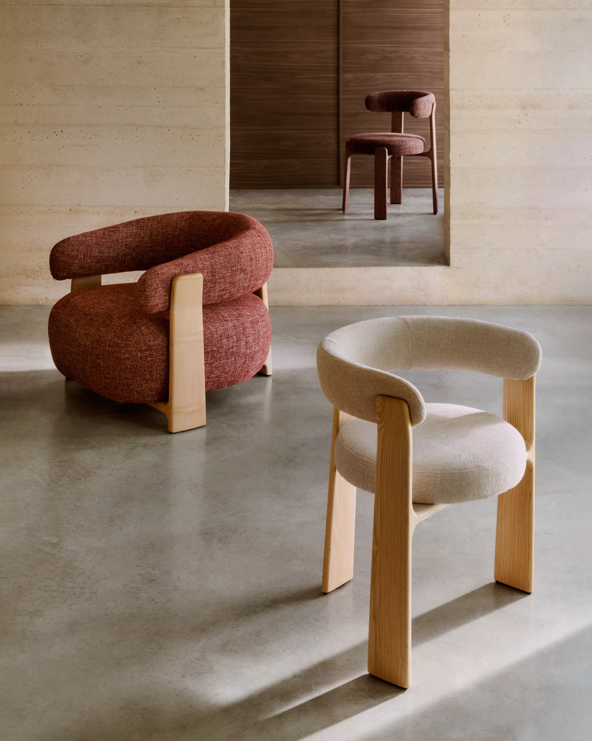 Granite terracotta chenille armchair with solid ash wood legs with natural finish, FSC 100%