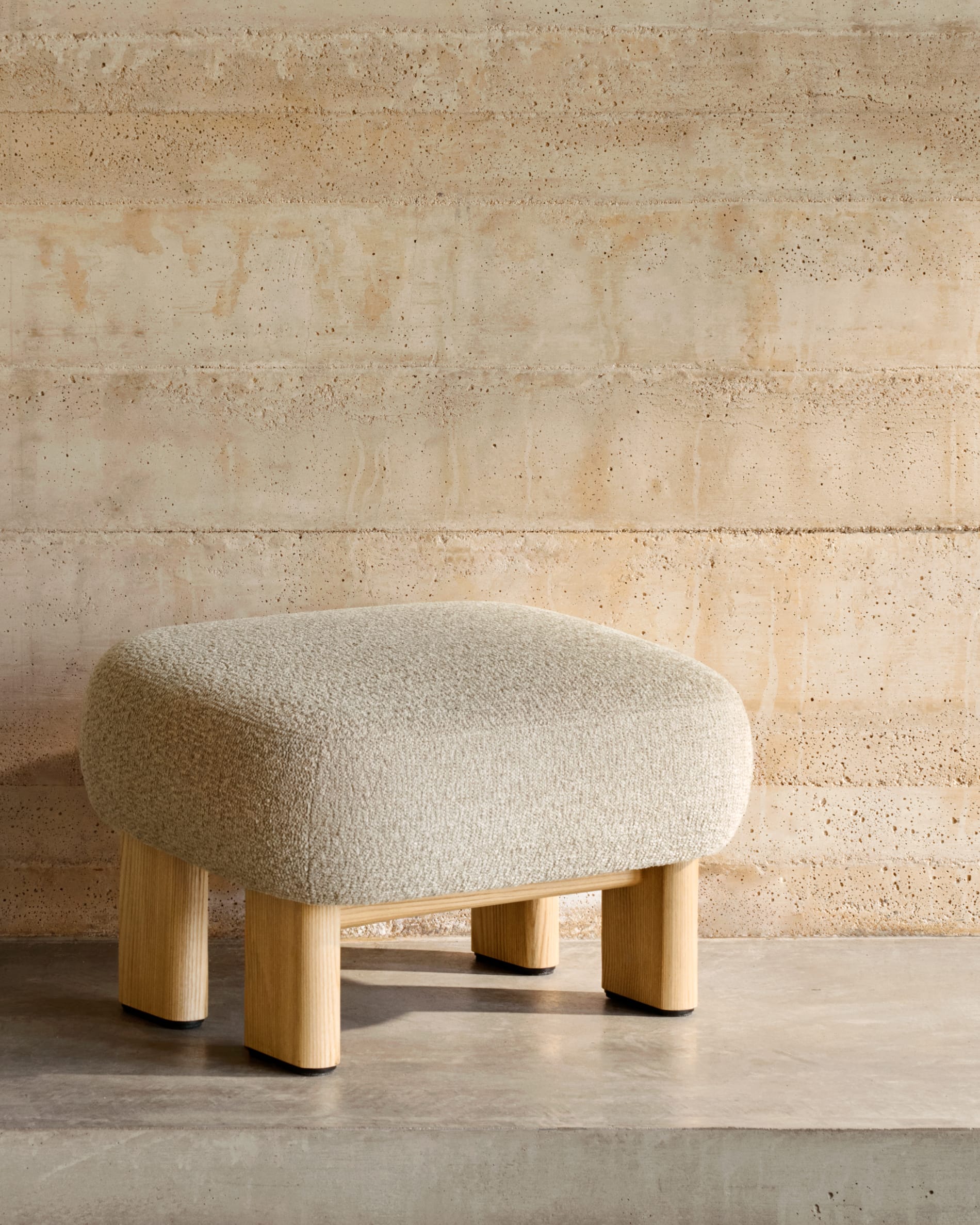 Cabana beige chenille footstool with solid ash wood legs, natural finish, 65x55.4 cm, FSC 100%