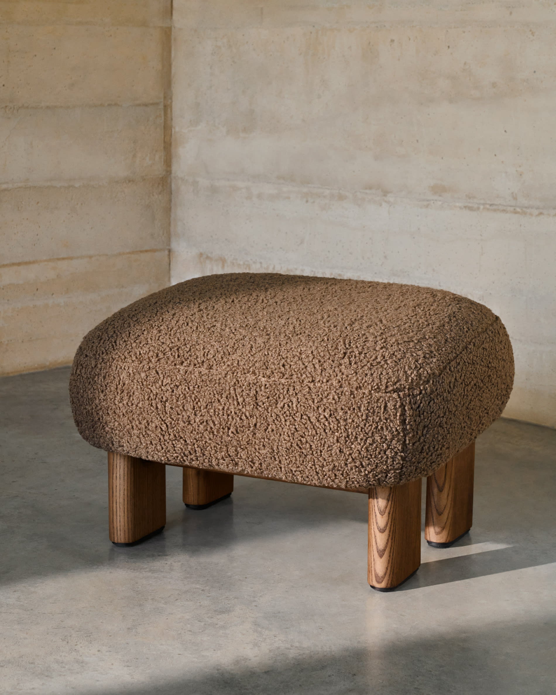 Cabana ocher bouclé pouf with solid ash wood legs, walnut finish, 65x55.4cm, FSC 100%