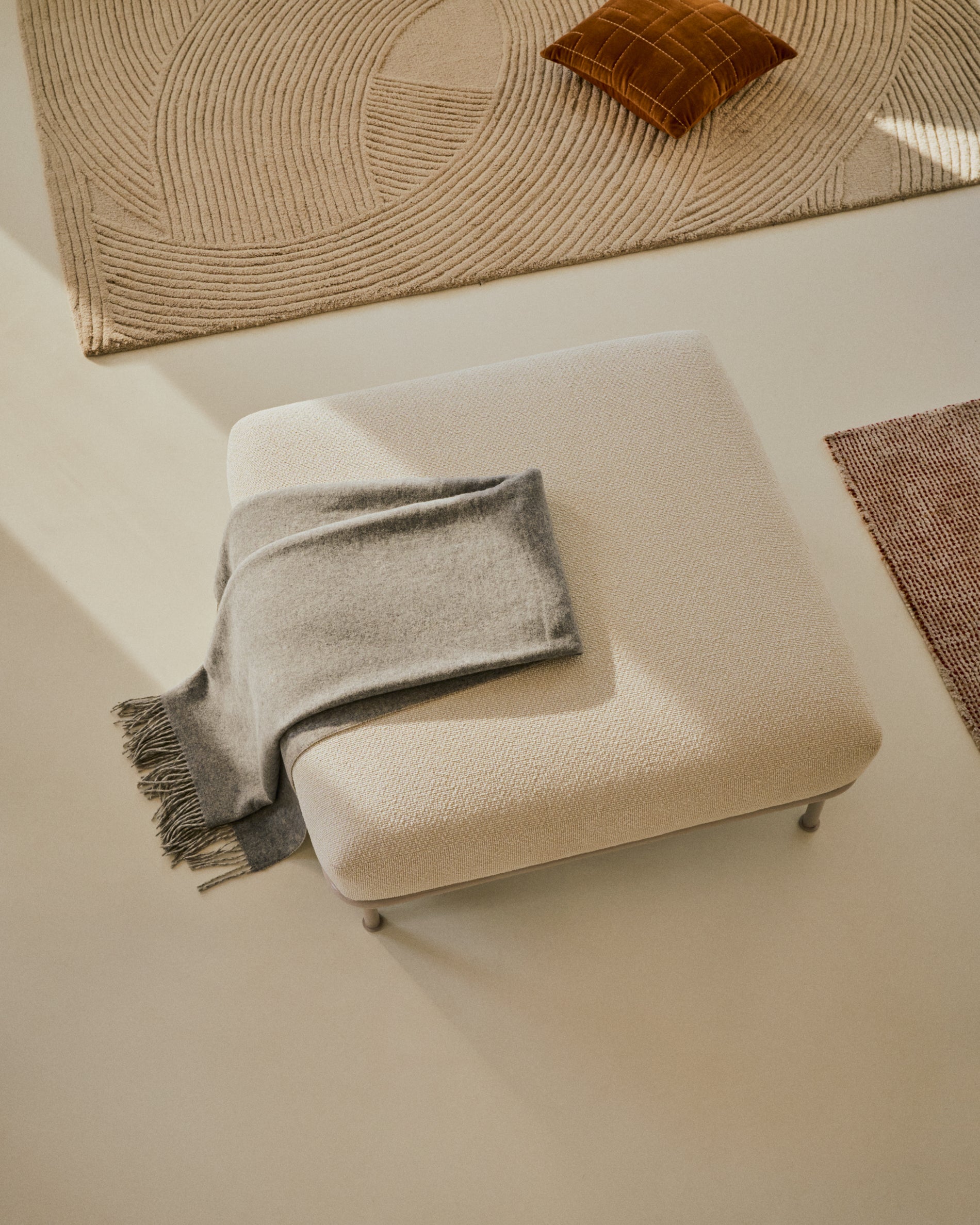 Aurum ecru chenille footrest with matte beige metal base 85 x 85cm FSC Mix Credit - Lifestyle